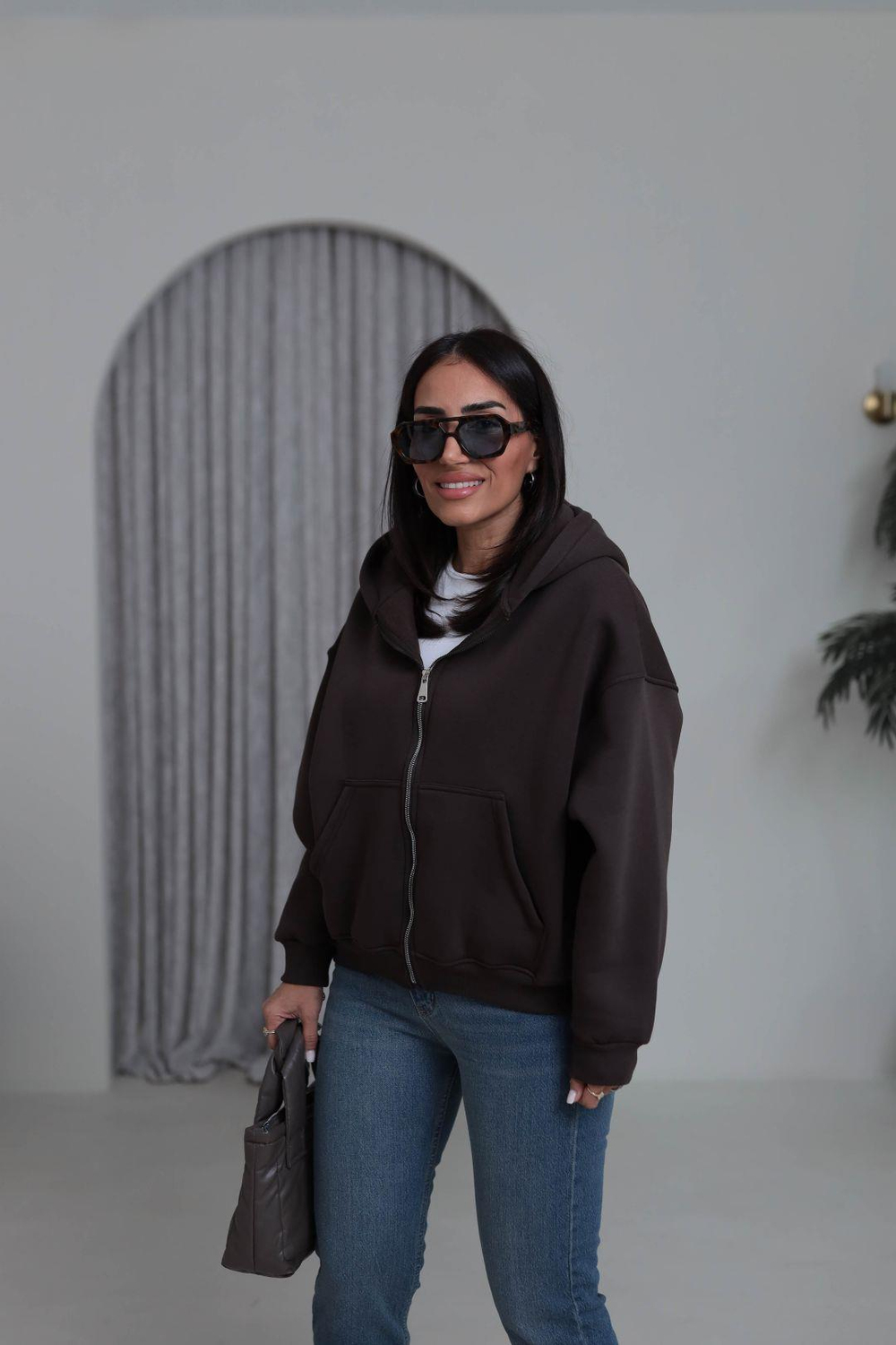 0822 Kapüşonlu Fermuarlı Şardonlu Sweatshirt ACI KAHVE