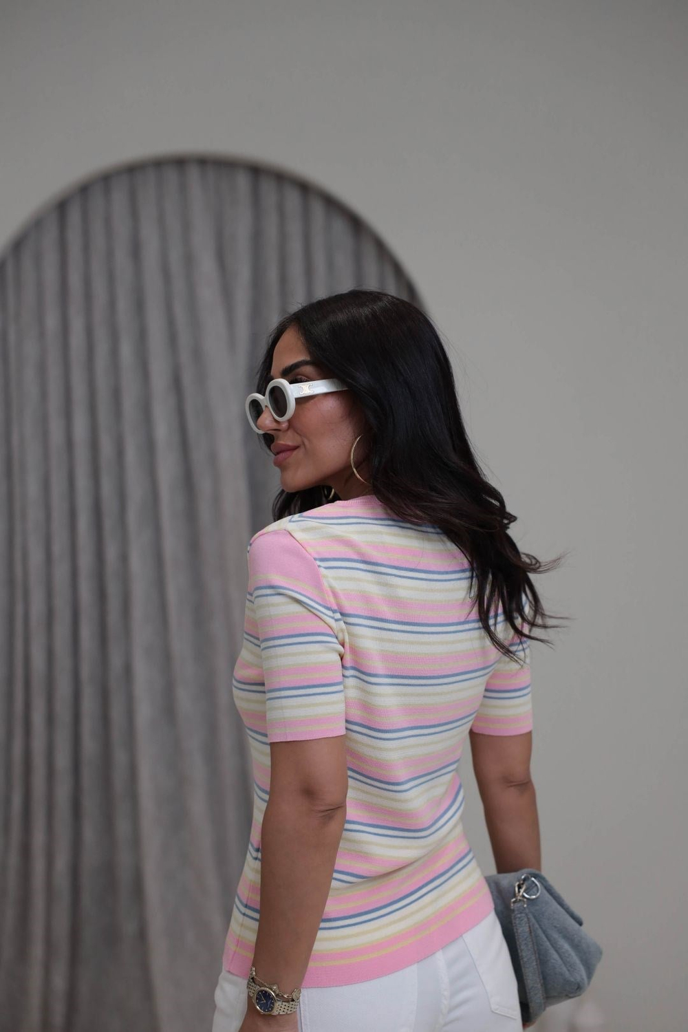 0642 Rayon Kumaş Çizgili Önden Düğmeli Bluz PEMBE