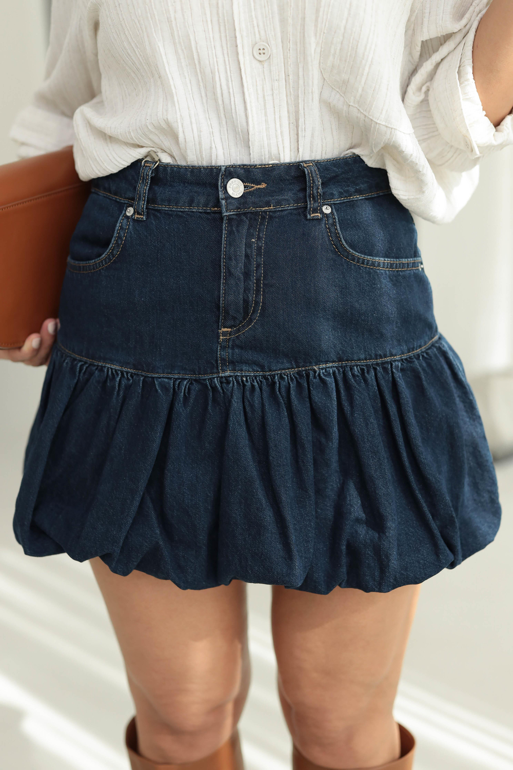 0573 Denim Mini Balon Etek KOYU LACİ