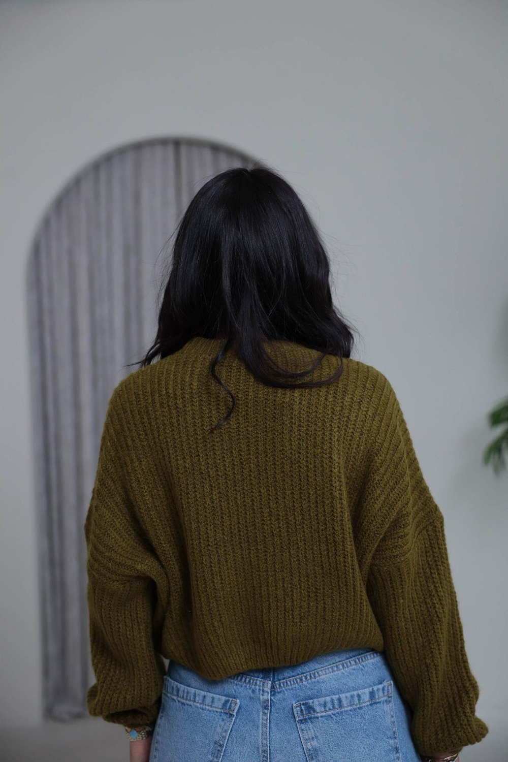 3579 Bisiklet Yaka Örme Oversize Kısa Kazak YAĞ YEŞİLİ