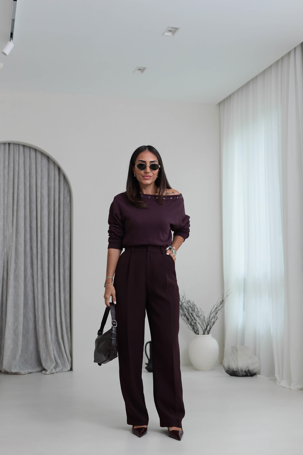 1024 Pile Detaylı Kumaş Pantolon MÜRDÜM