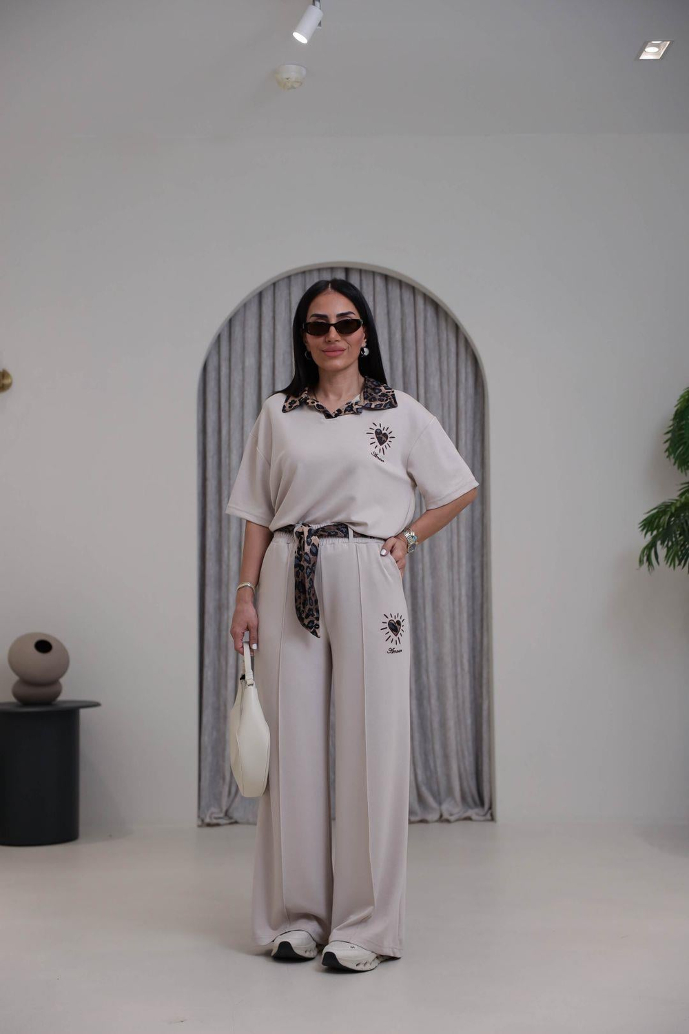 7539 Leopar Saten Yakalı Nakışlı Modal Takım TAŞ