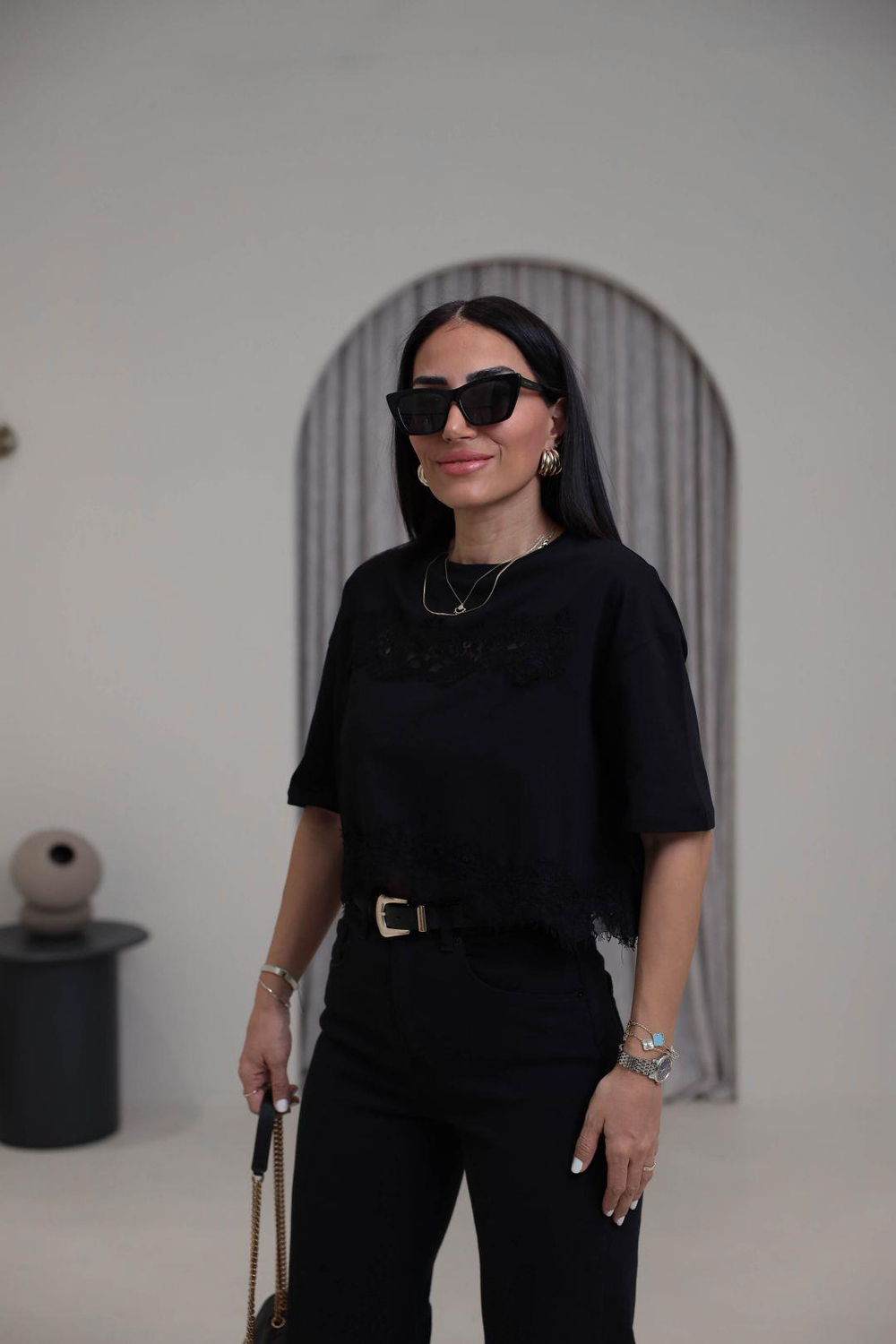 2252 Dantel Detaylı Pamuklu Kısa Tshirt SİYAH