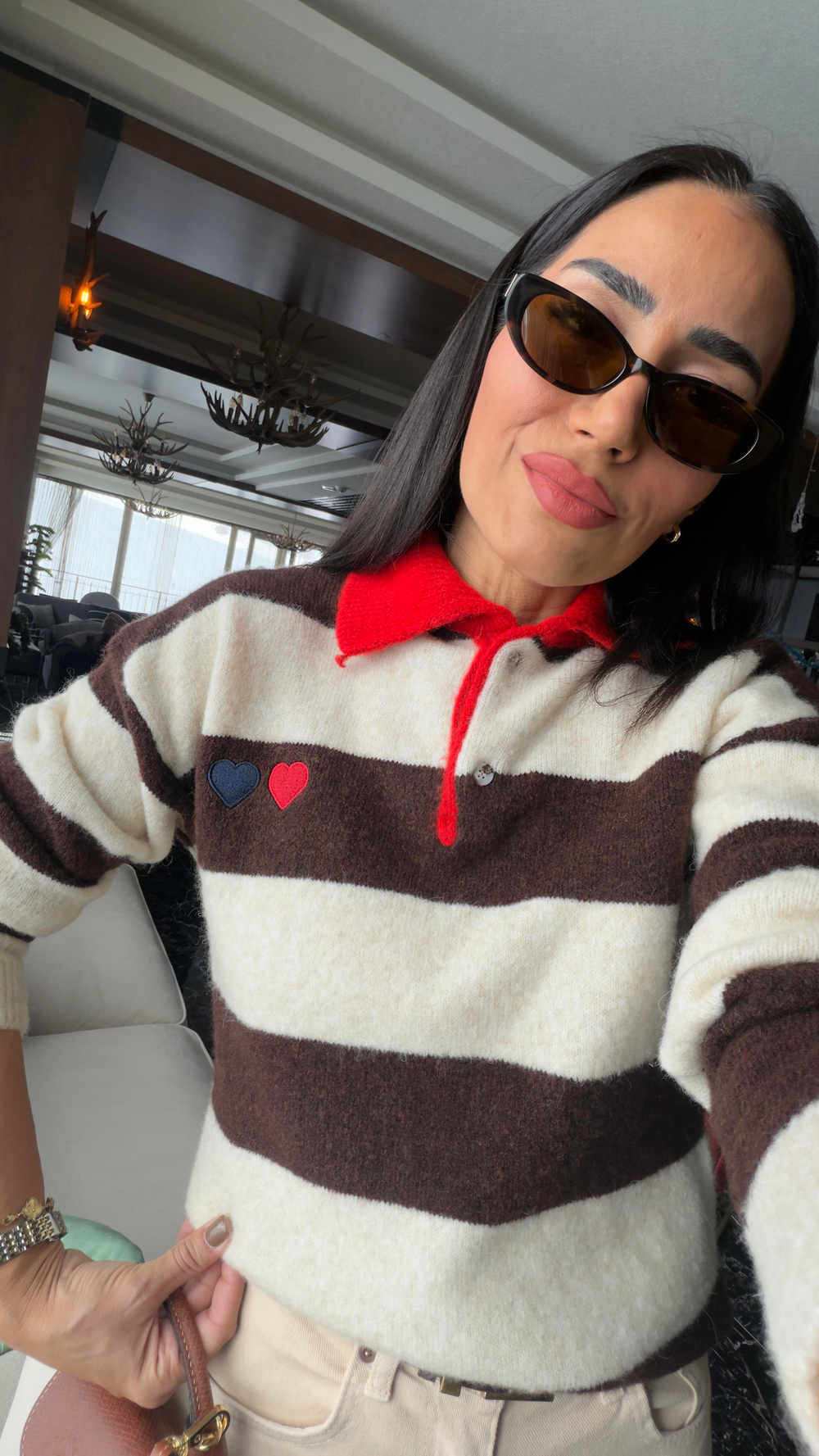 0139 Polo Yaka Düğmeli  Kalp Baskılı Triko Kazak ACI KAHVE