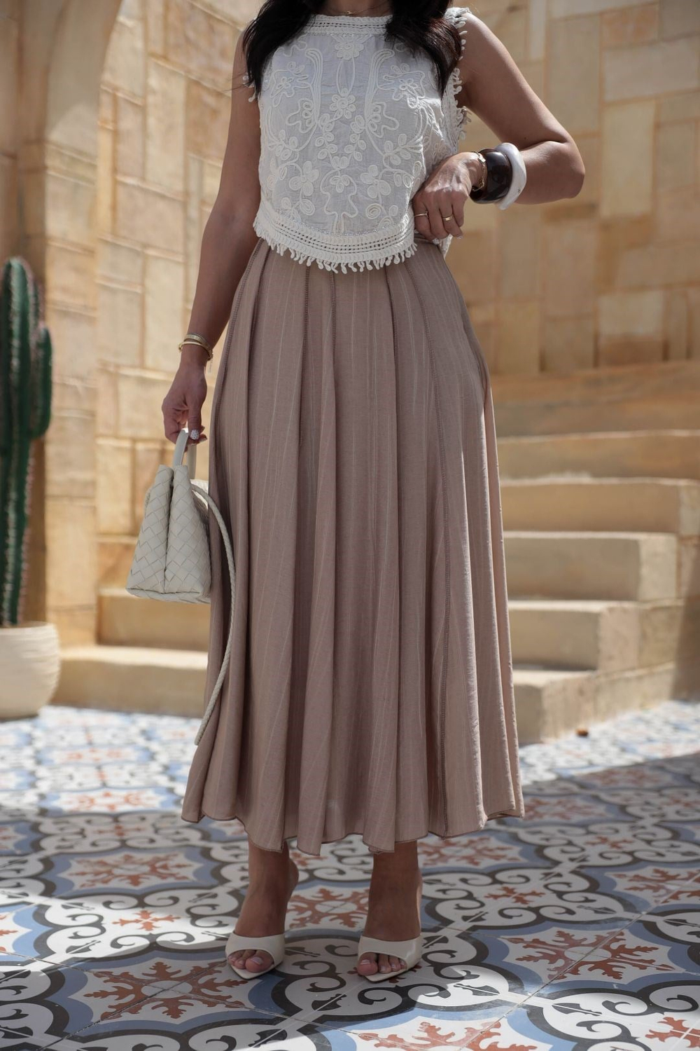 0963 Dikiş Detaylı Astarlı Etek VİZON