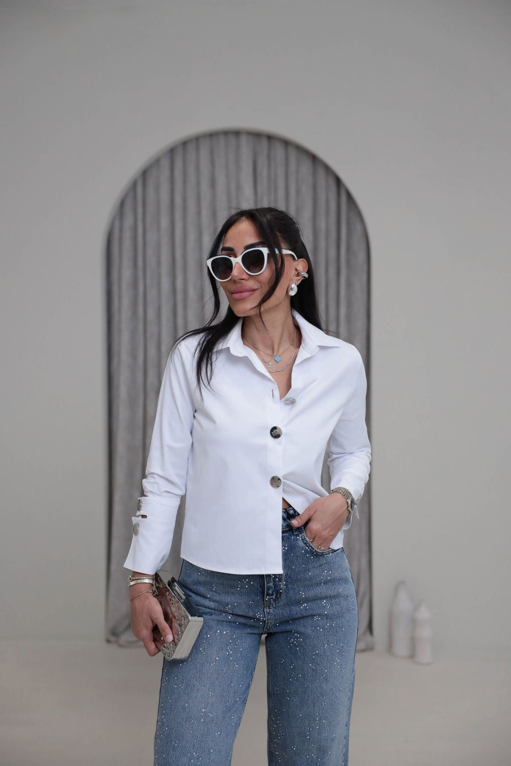 7029 Düğme ve Kol Aksesuarlı Poplin Gömlek BEYAZ