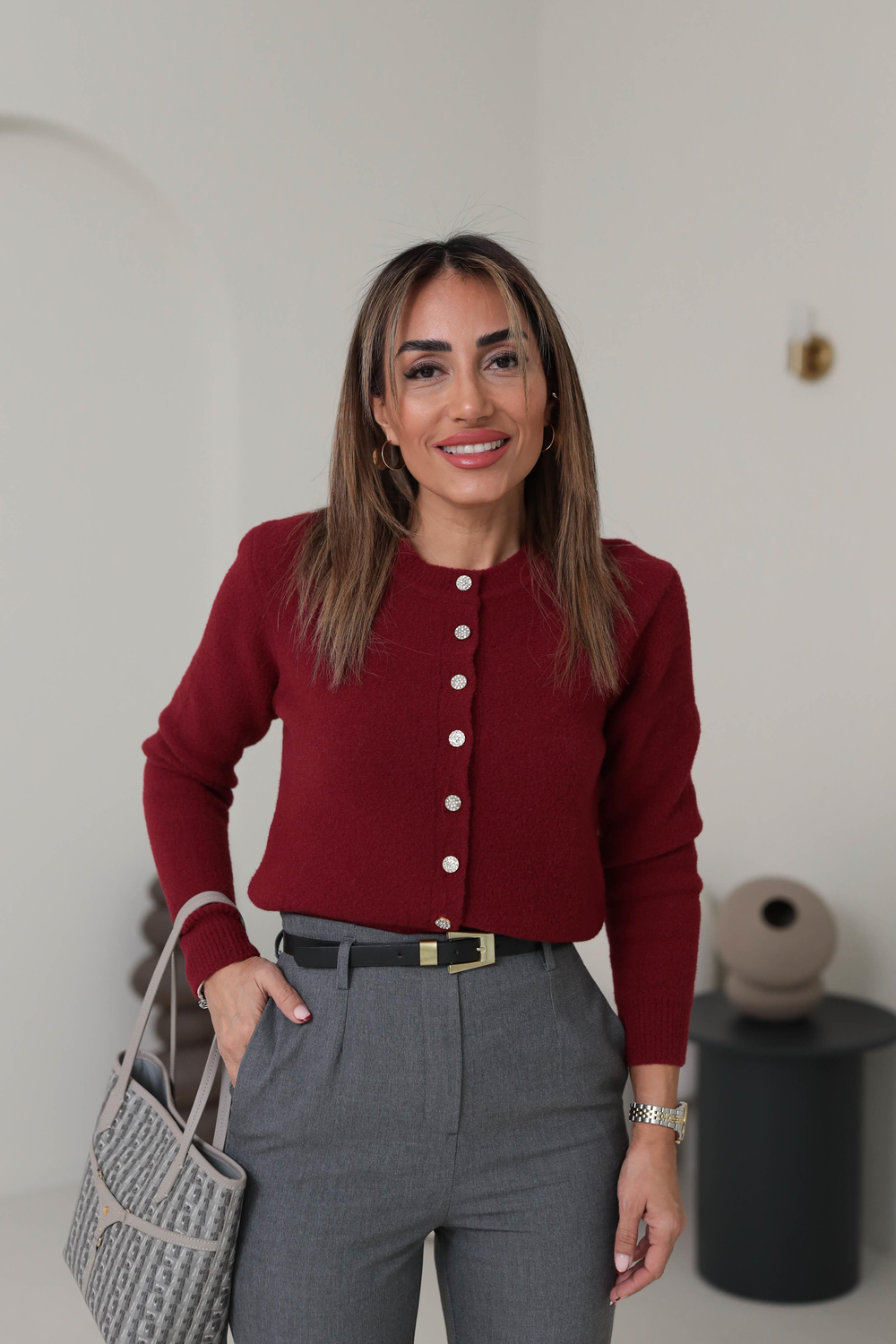 2436 Bisiklet Yaka Taş Düğmeli Yumoş Hırka BORDO