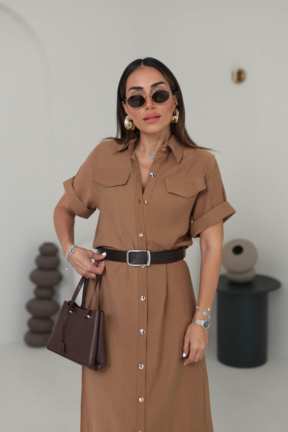 0334 Gold Düğmeli Kemerli Tencel Gömlek Elbise TABA