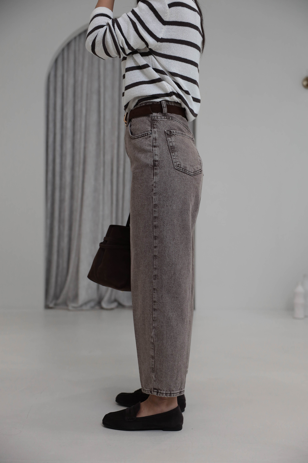 3010 Süet Kemerli Mom Jean YIKAMALI KAHVE