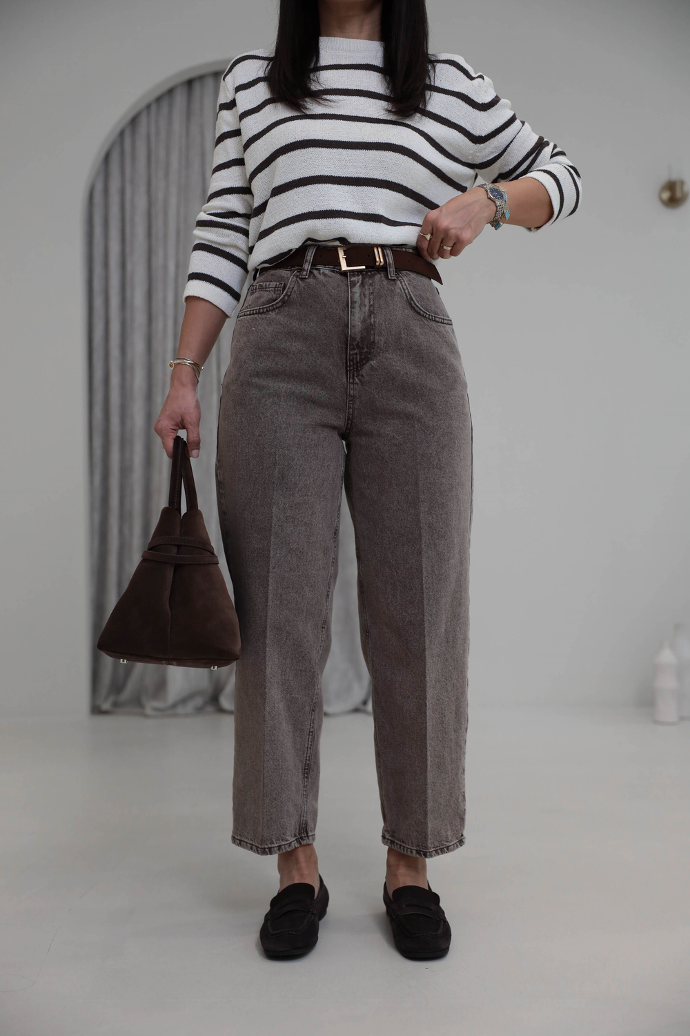 3010 Süet Kemerli Mom Jean YIKAMALI KAHVE