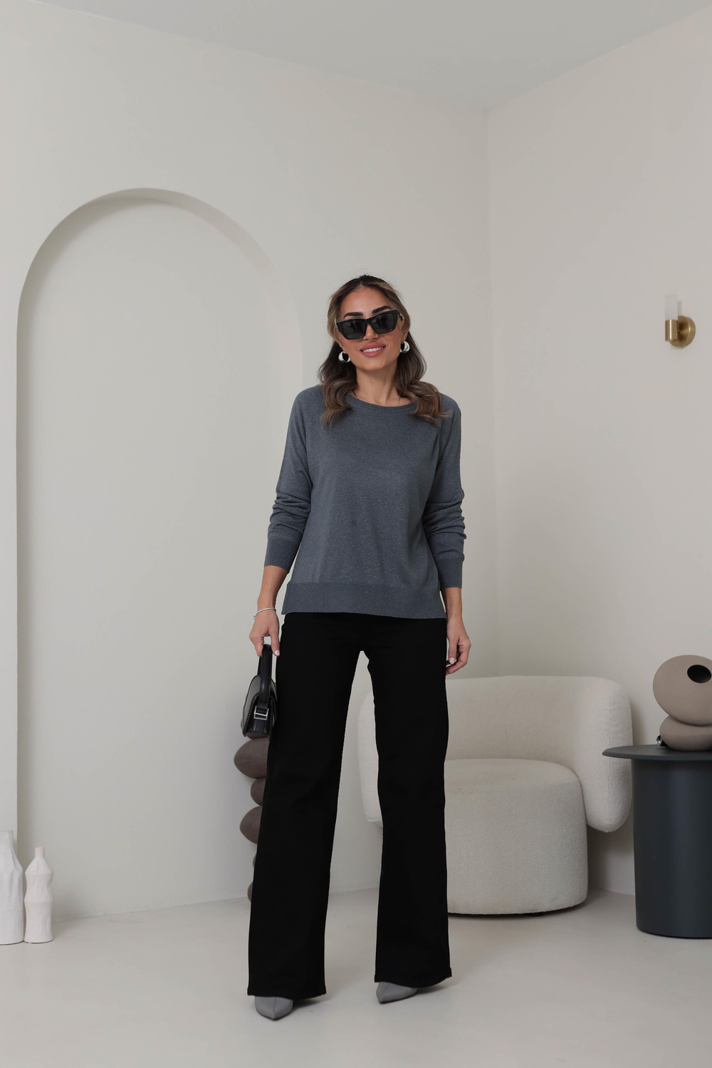 0557 Bisiklet Yaka Simli Basic İnce Triko FÜME