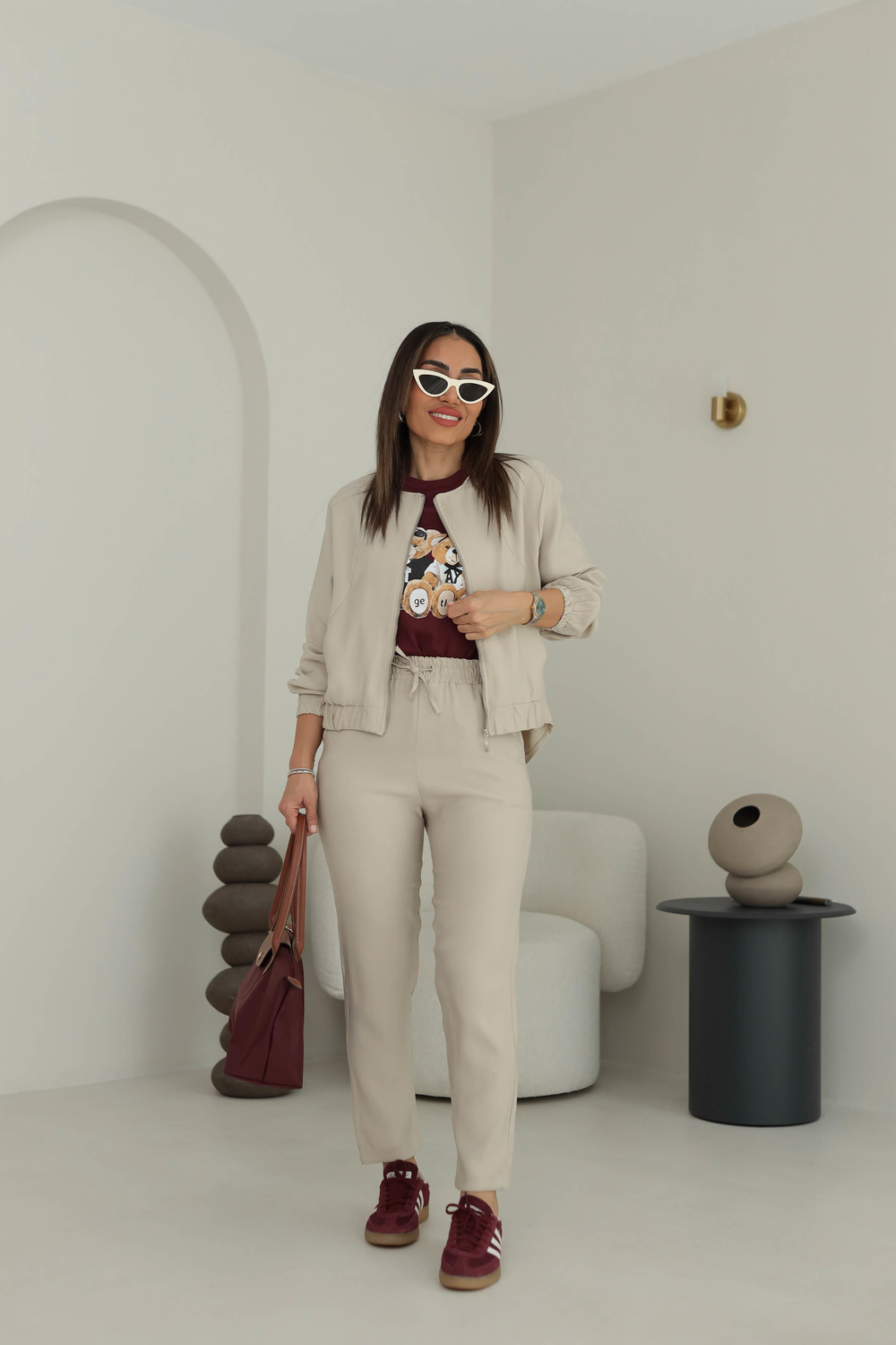 3193 Fermuar Ve Önü Lastik Detaylı Tencel Kumaş Takım TAŞ