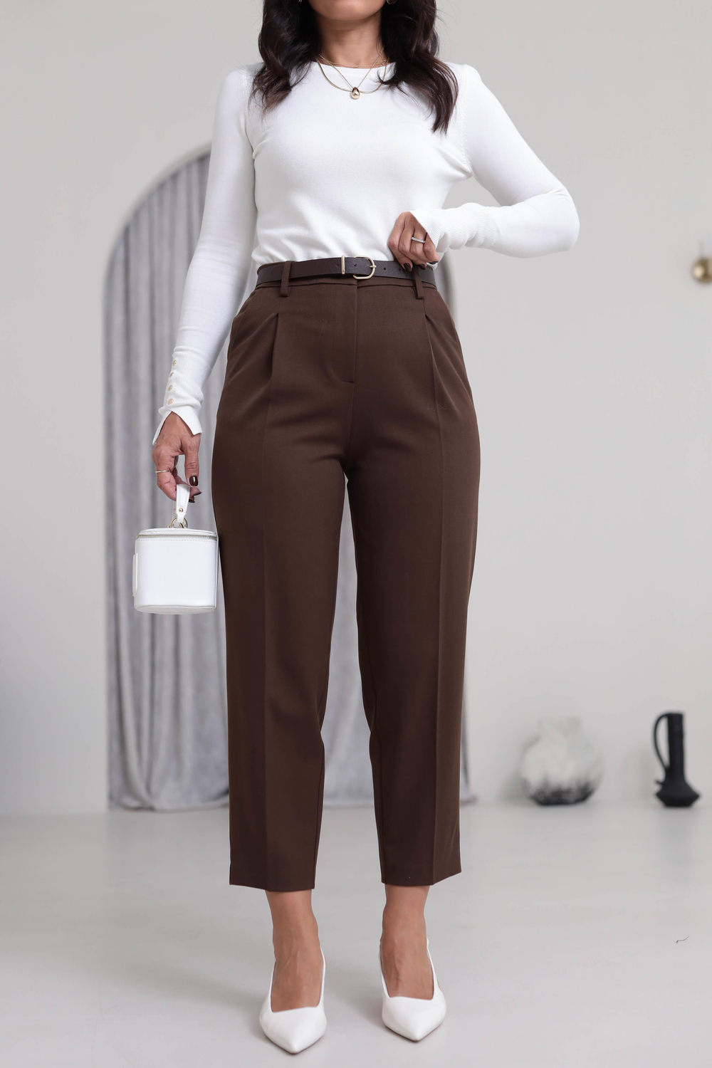 2166 Kemerli Havuç Fit Pantolon KAHVE