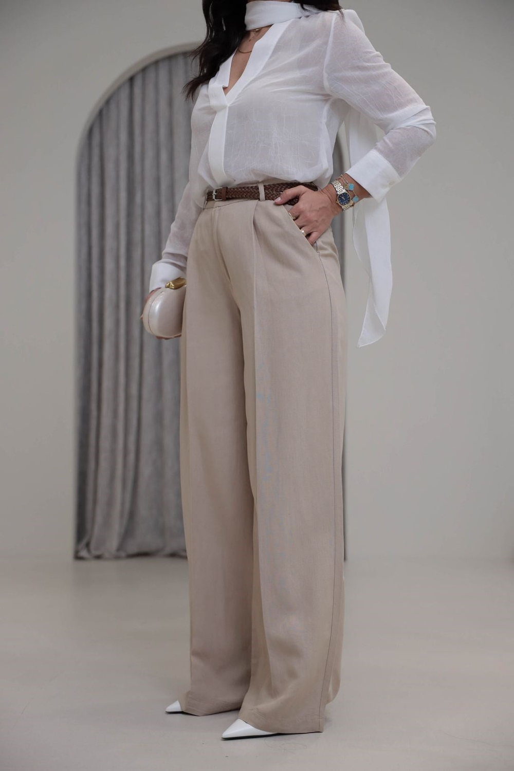 1150 Örme Kemerli Viskon Keten Pantolon BEJ