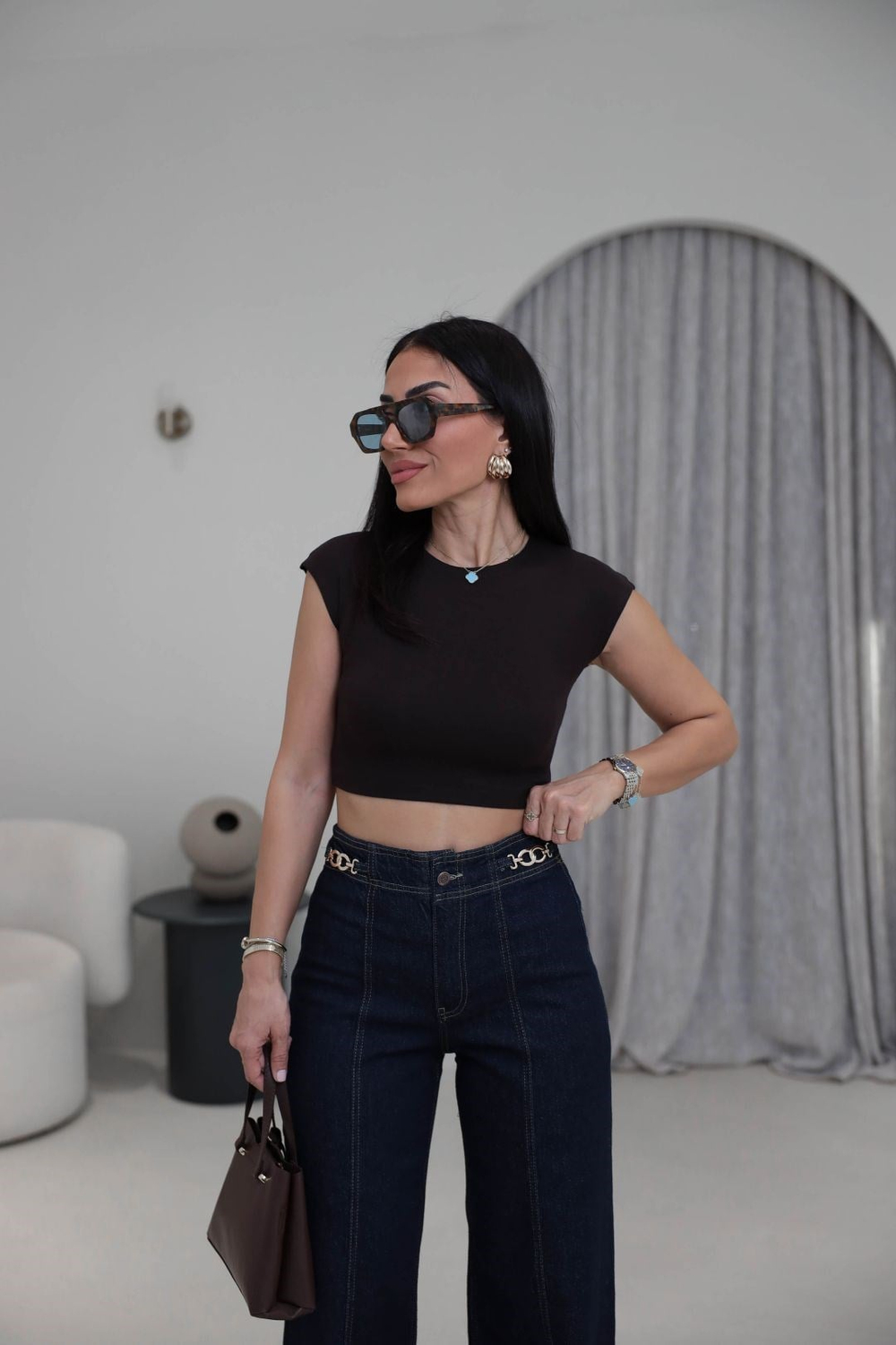 0528 Pamuk ve Modal Karışımlı Crop Top KAHVE