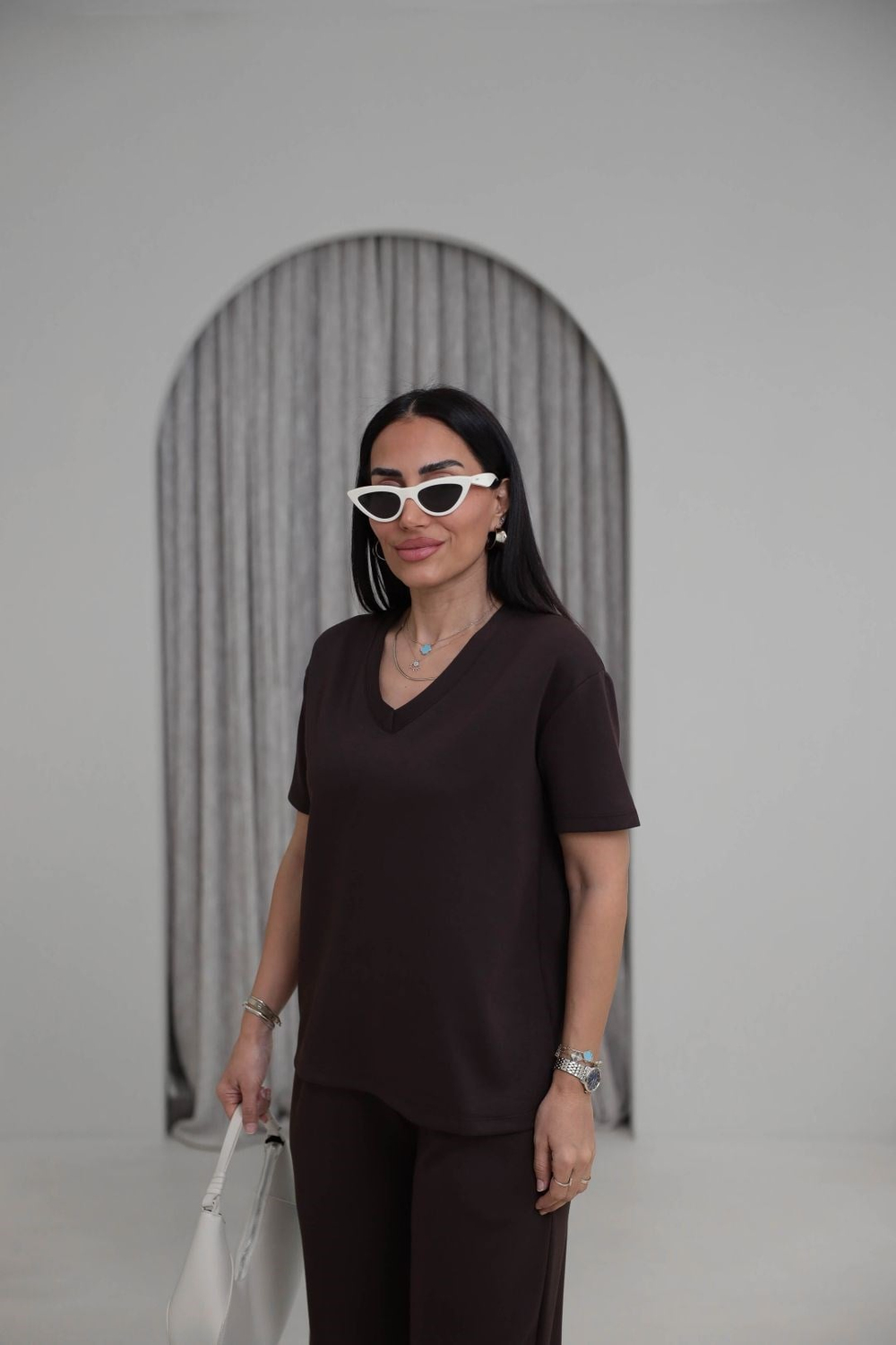 T927 V Yaka Modal Kumaş Tshirt ACI KAHVE