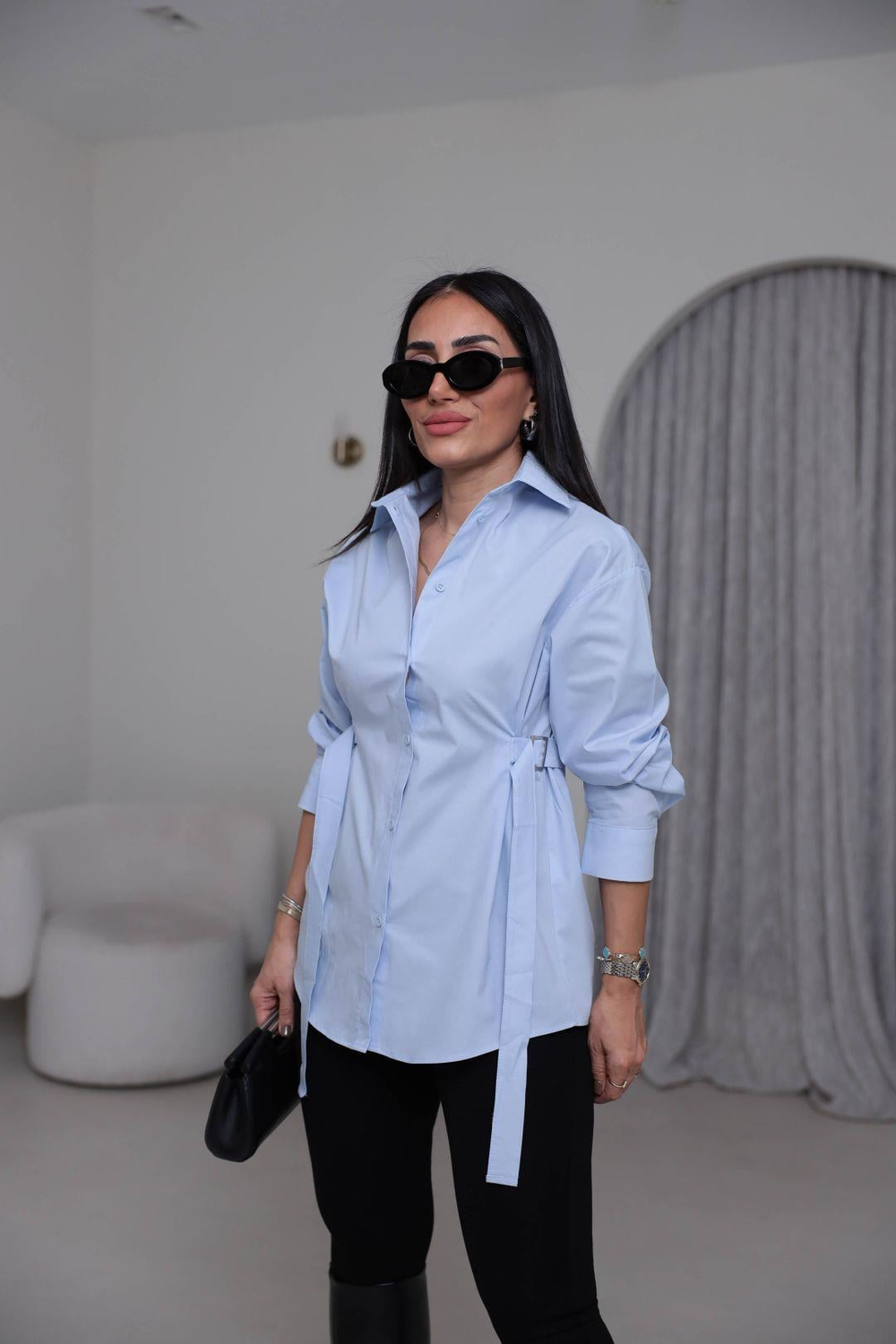 7176 Beli Kemer Detaylı Gömlek MAVİ