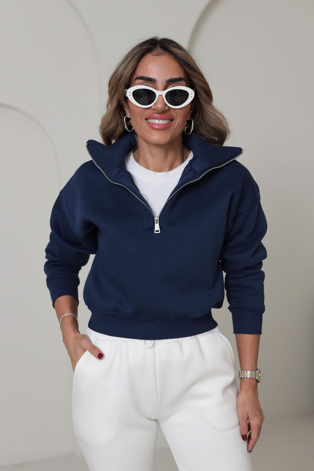 132 Fermuar Detaylı Crop Sweatshirt LACİVERT