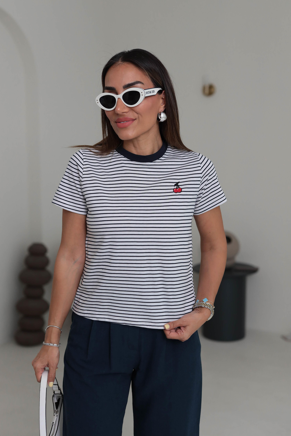 0415 Kiraz Nakış İşlemeli Çizgili Pamuklu Tshirt LACİ-BEYAZ