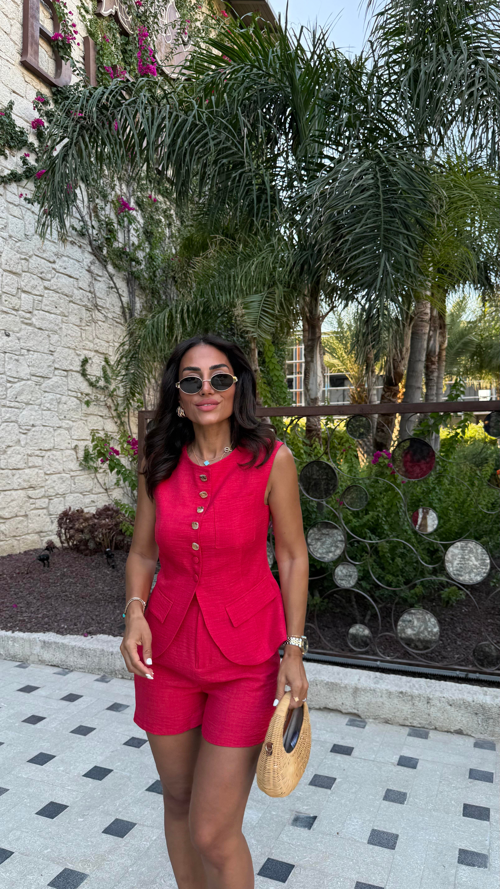 0284 Düğme Detaylı Dokuma Yelek & Şort Takım KIRMIZI