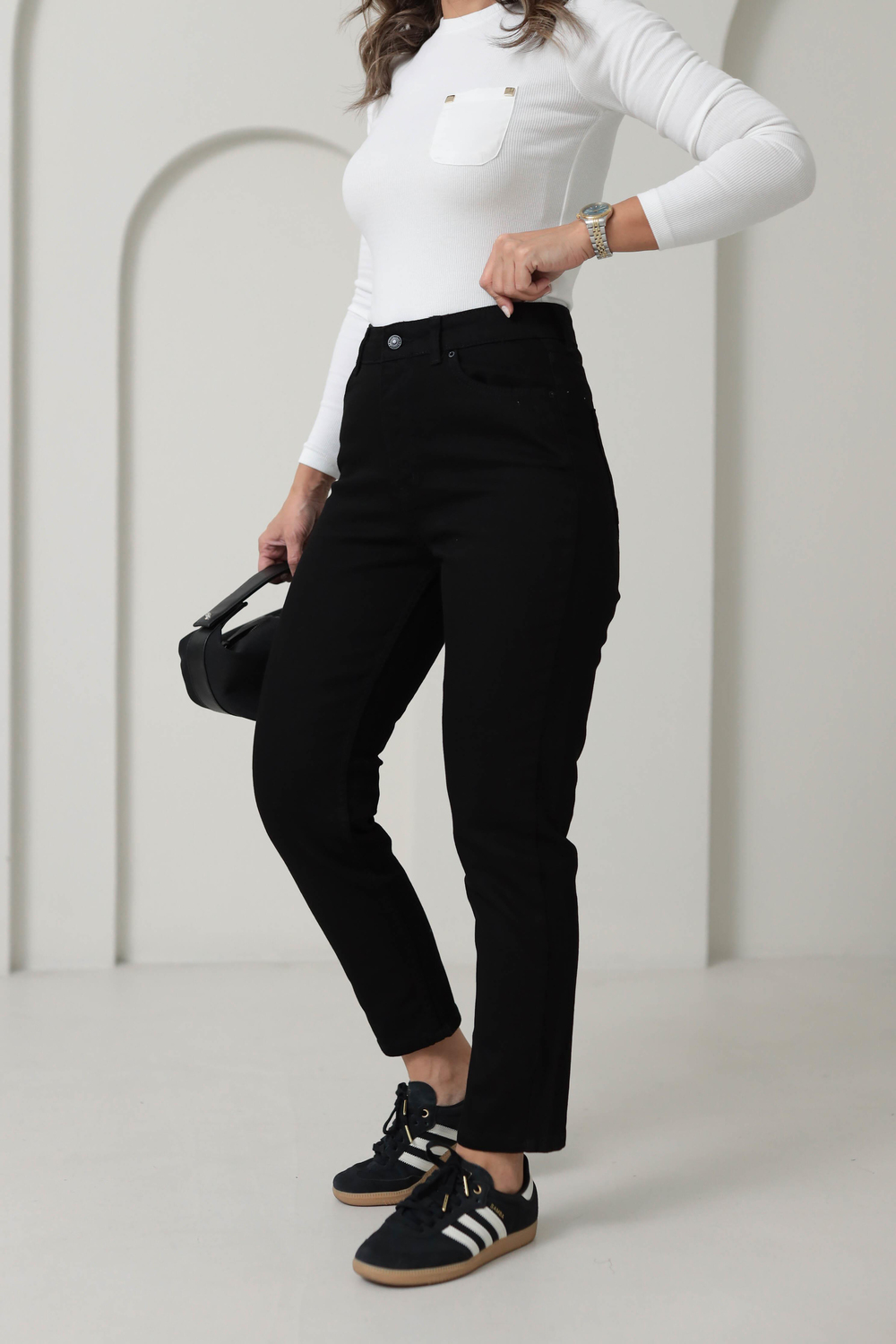 1002 Mom Fit Likralı Jean SİYAH