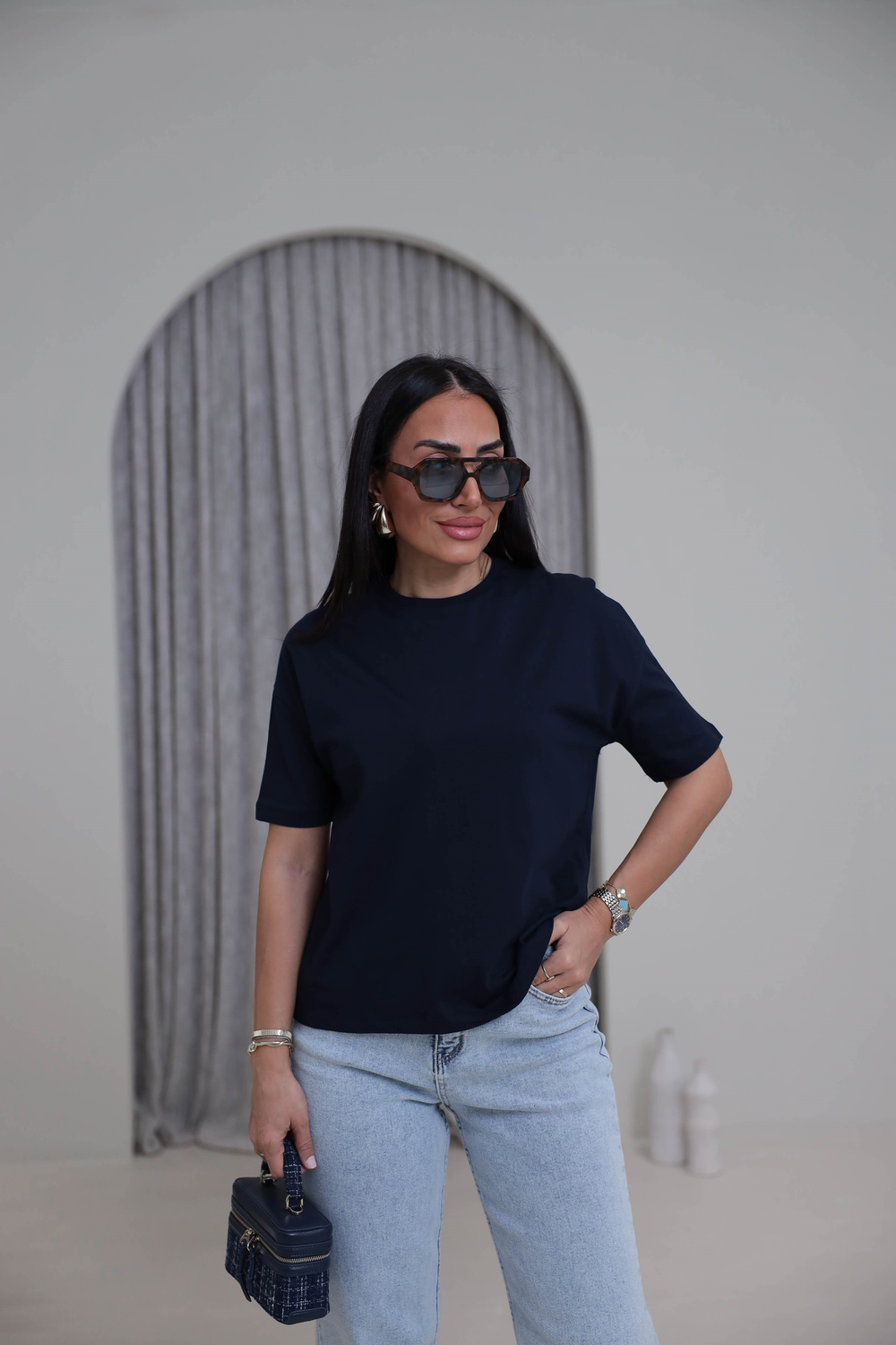 3683Y Bisiklet Yaka Pamuklu Basic Tshirt LACİVERT