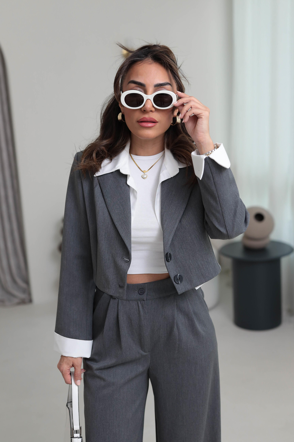 2014 Gömlek Garnili Kısa Blazer Ceket KOYU GRİ