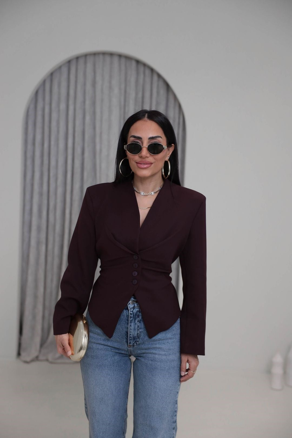 Vatkalı Asimetrik Belden Kuşaklı Ceket BORDO