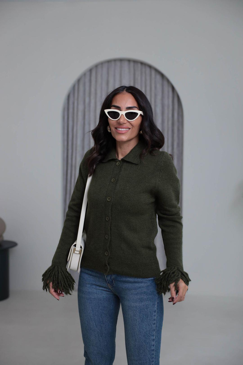 0162 Kolu Püsküllü Polo Yaka Hırka YEŞİL