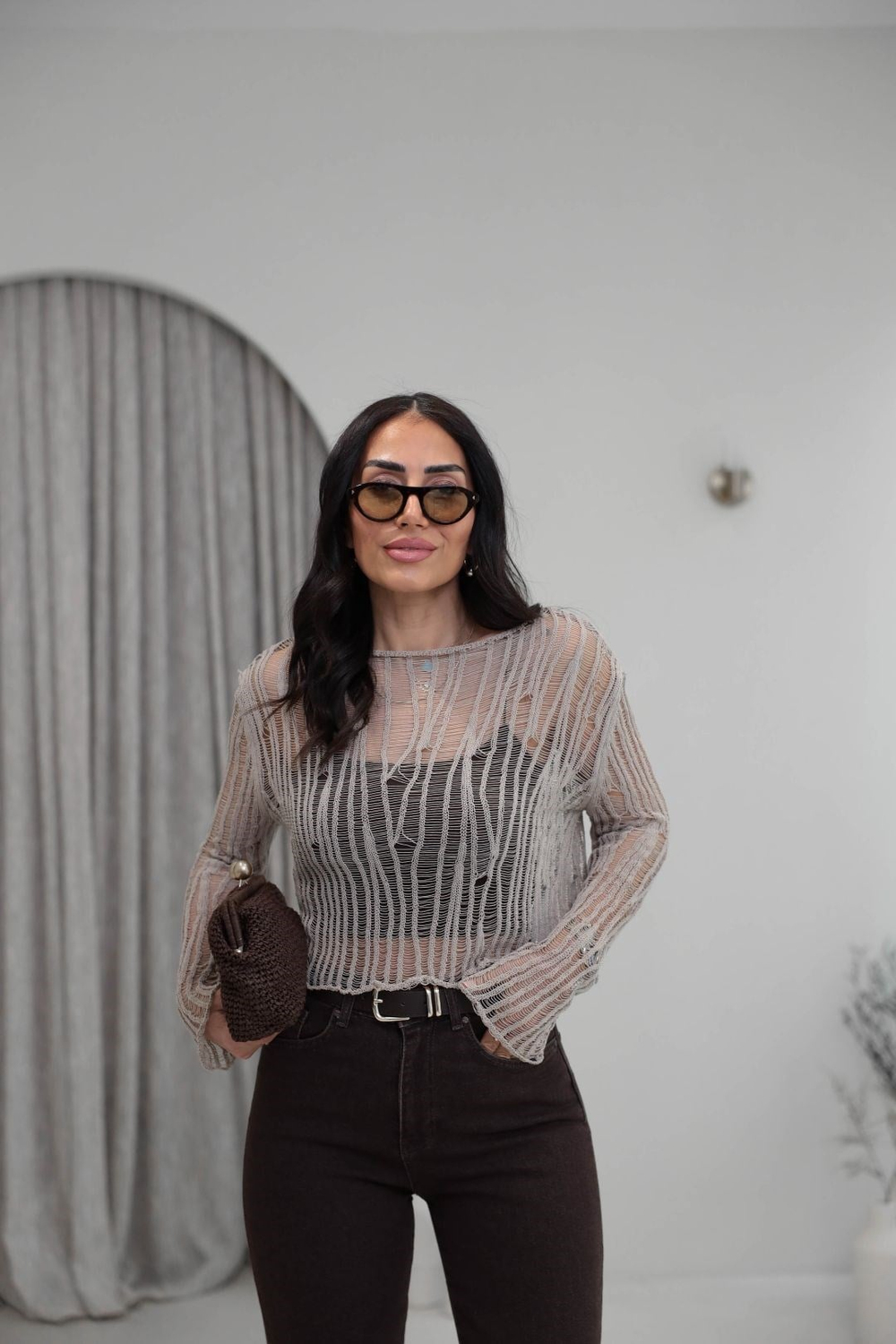 4490 Ajurlu Geniş Yaka Triko Bluz BEJ