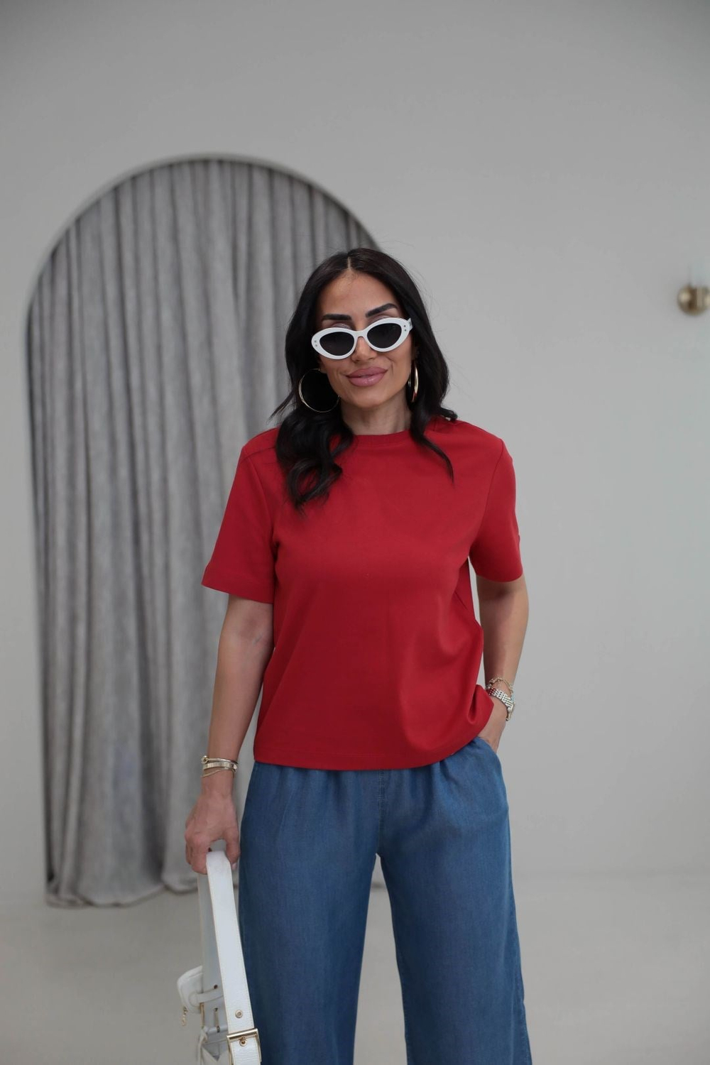 6074 Bisiklet Yaka Pamuklu Basic Tshirt KIRMIZI