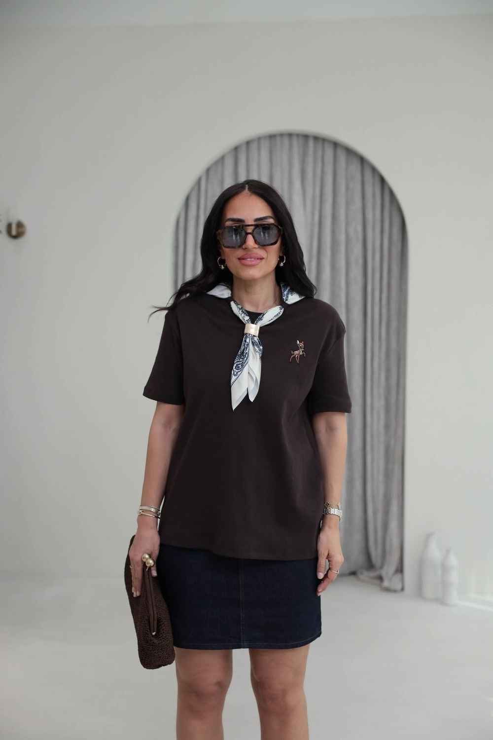 1140 Fular Detaylı Nakışlı Tshirt ACI KAHVE