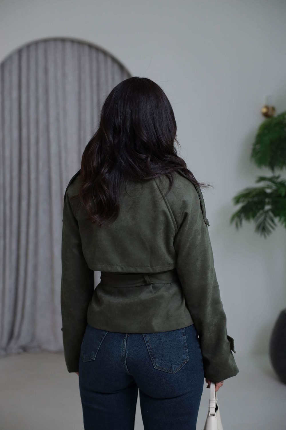 8437 Dik Yaka Kuşaklı Süet Ceket HAKİ YEŞİL