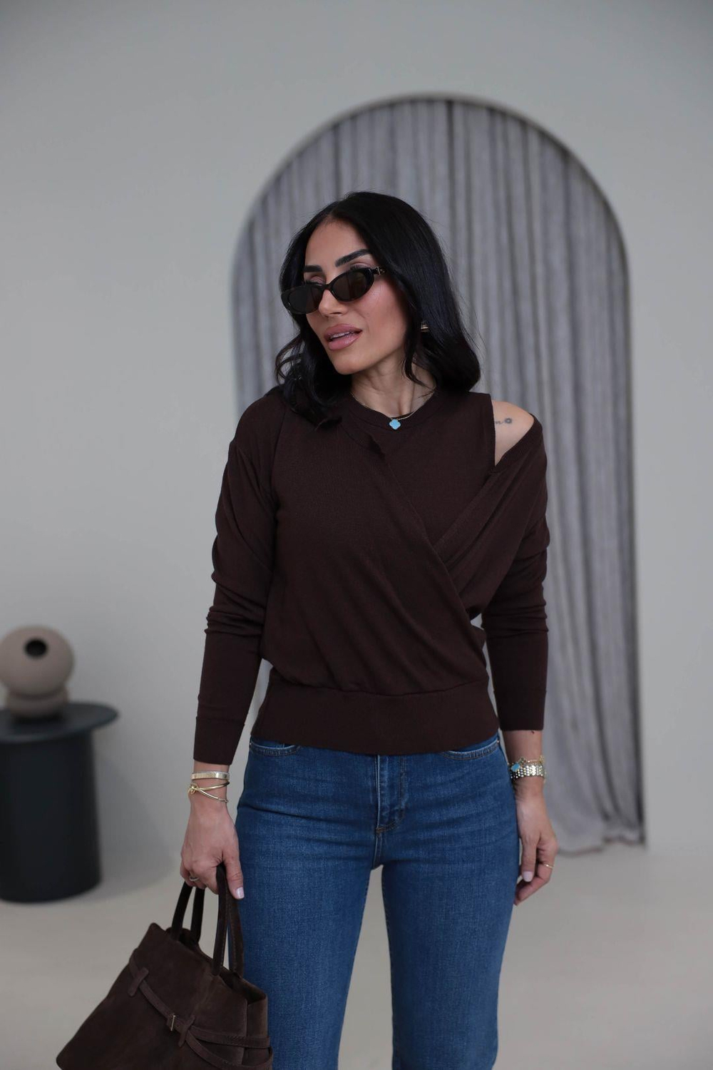 0163 Kruvaze Korsman İkili Takım Triko KAHVE