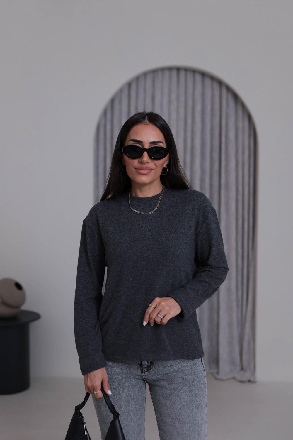 5249 Double Kol Bisiklet Yaka Yumoş Bluz ANTRASİT