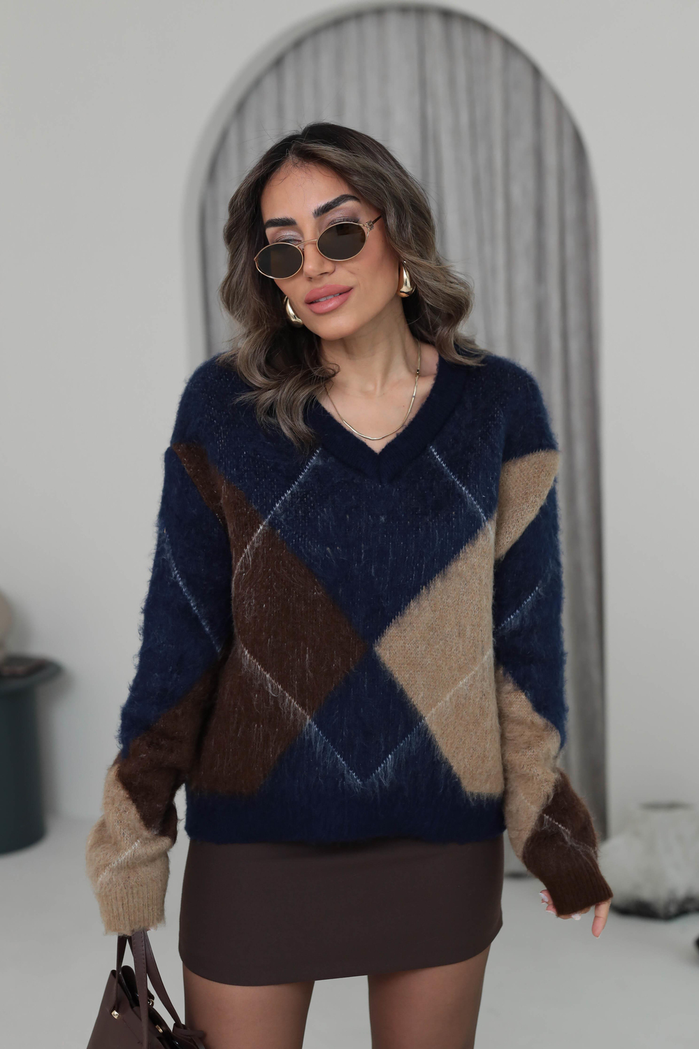 2412 V Yaka Büyük Baklava Yumoş Kazak LACİVERT