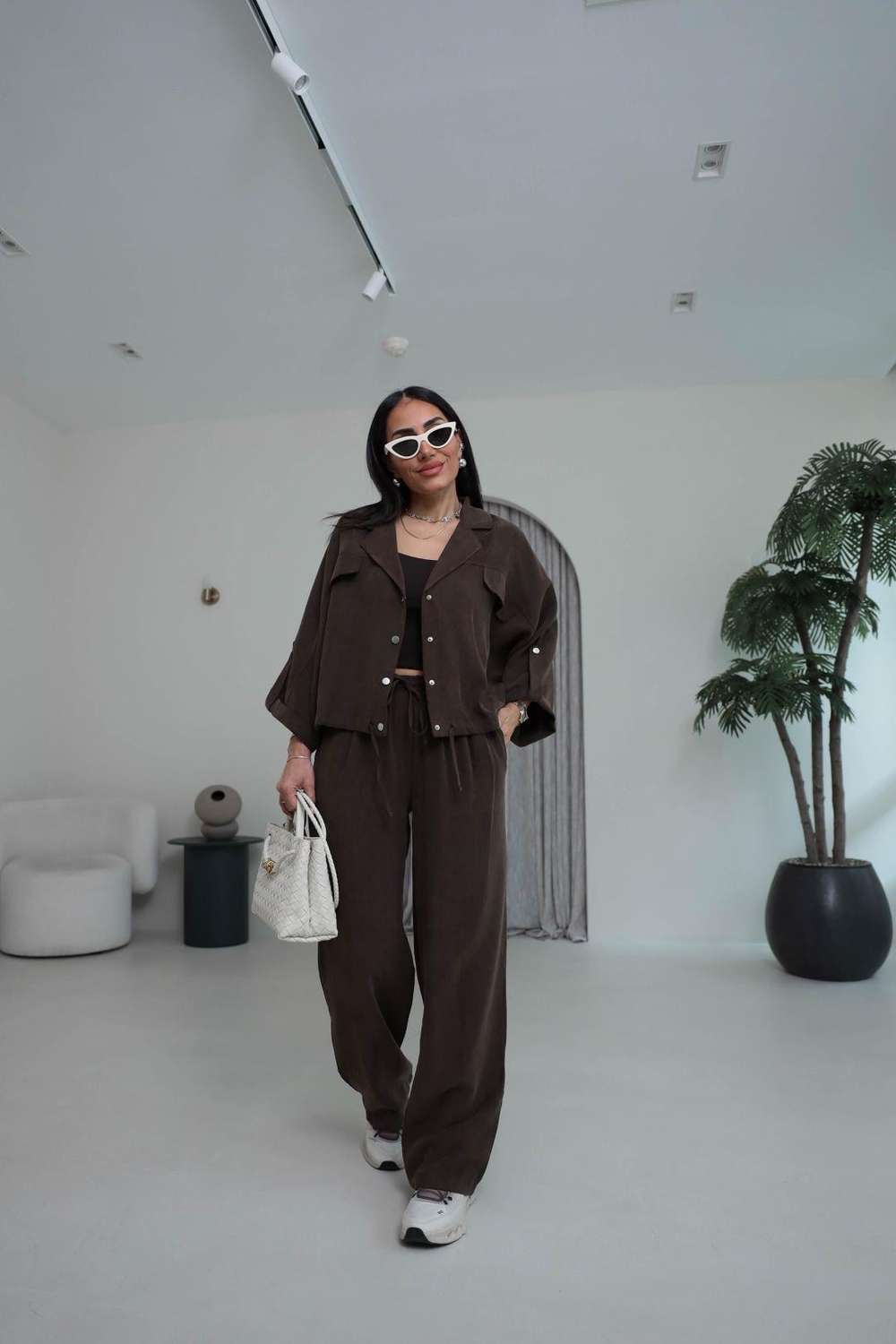 T0666 Tasarım Gabardin Tencel Takım KAHVE