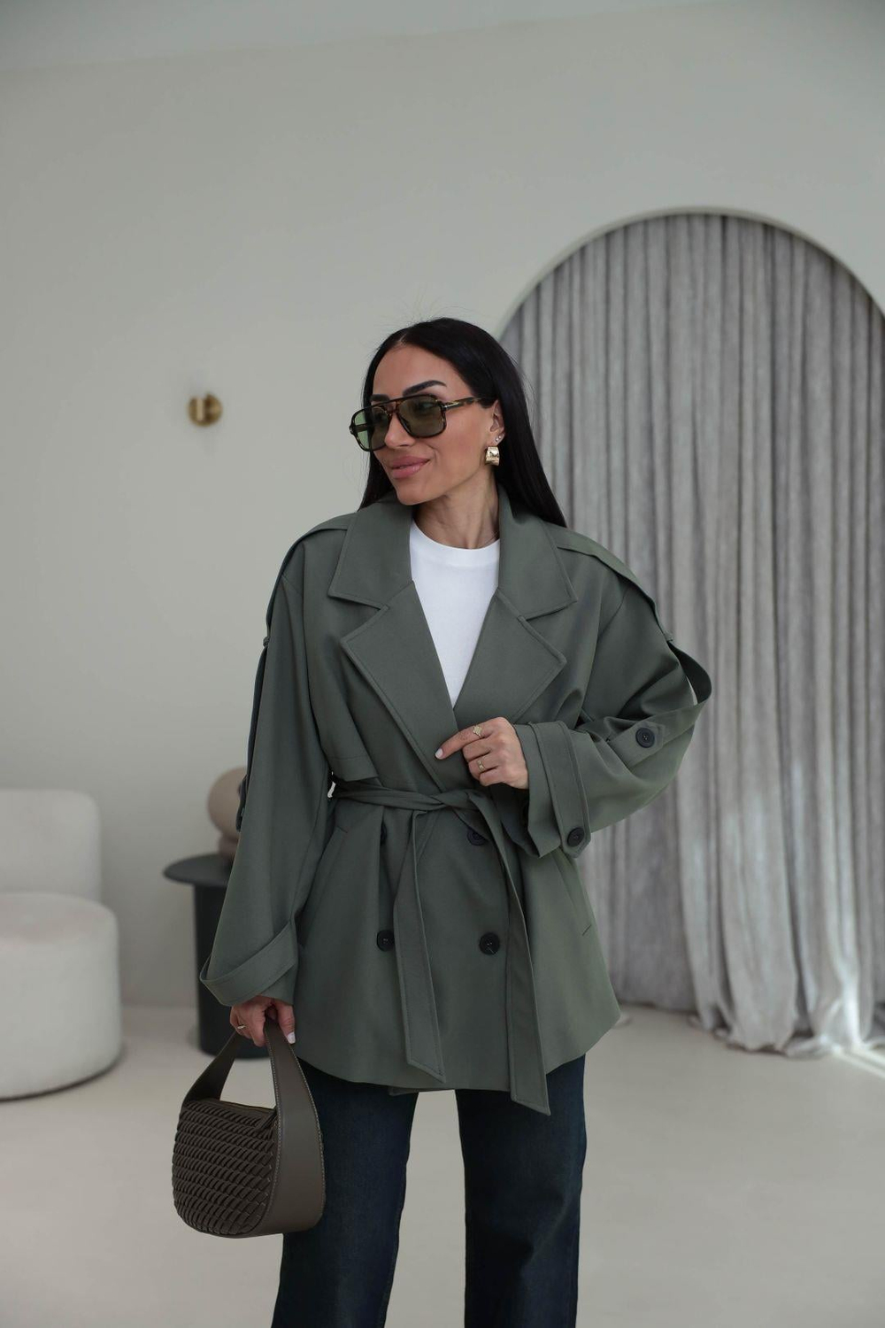 Apoletli Tasarım Astarlı Premium Kısa Trençkot HAKİ YEŞİL