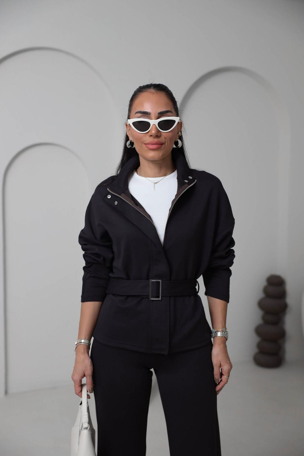 8616 Fermuarlı Kuşaklı Çıtçıt Detaylı Modal Takım ACI KAHVE