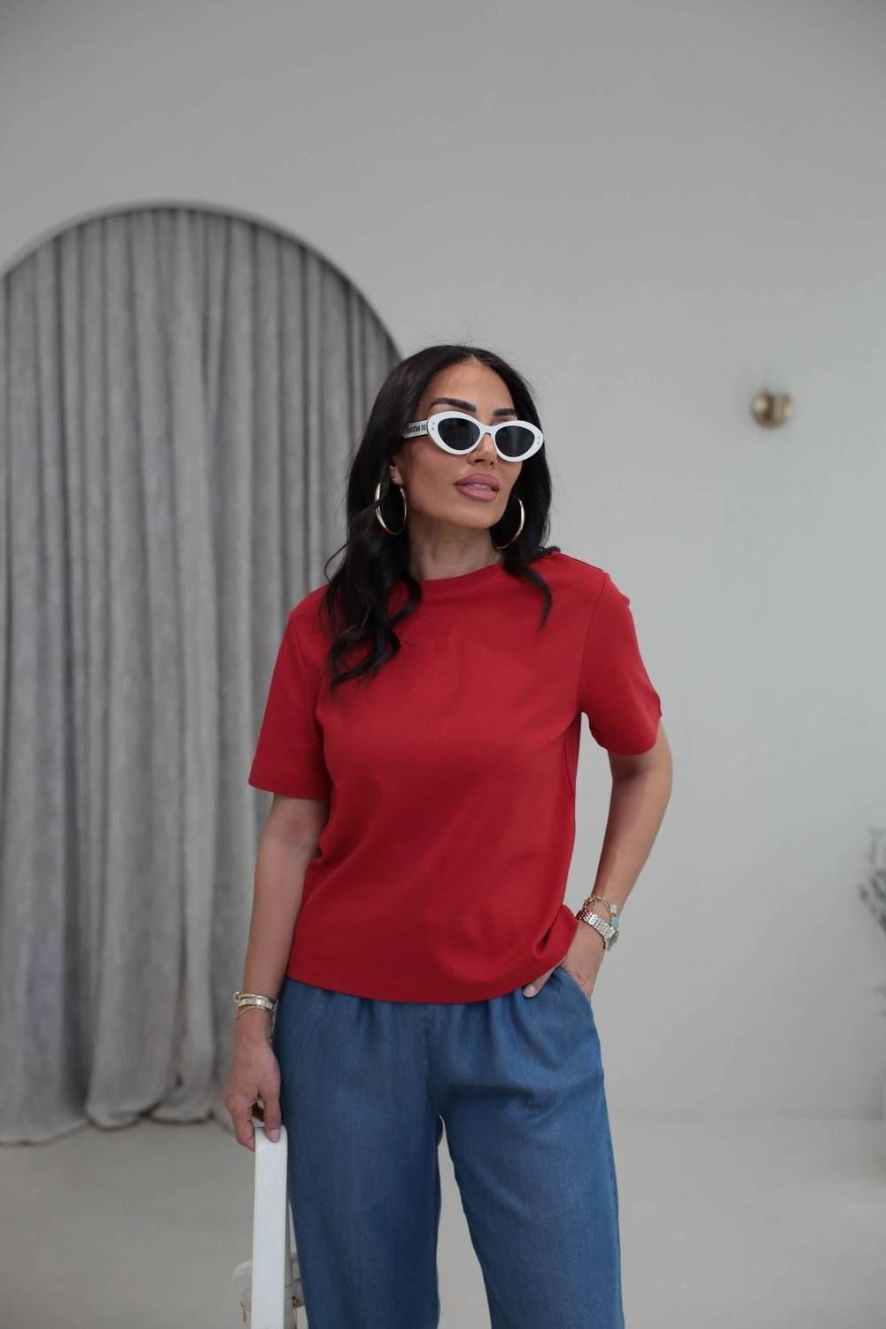 6074 Bisiklet Yaka Pamuklu Basic Tshirt KIRMIZI