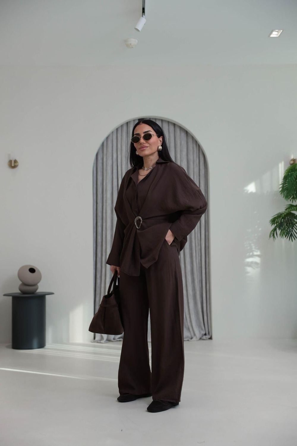 7091 Broş Detaylı Gömlek Pantolon Takım KAHVE