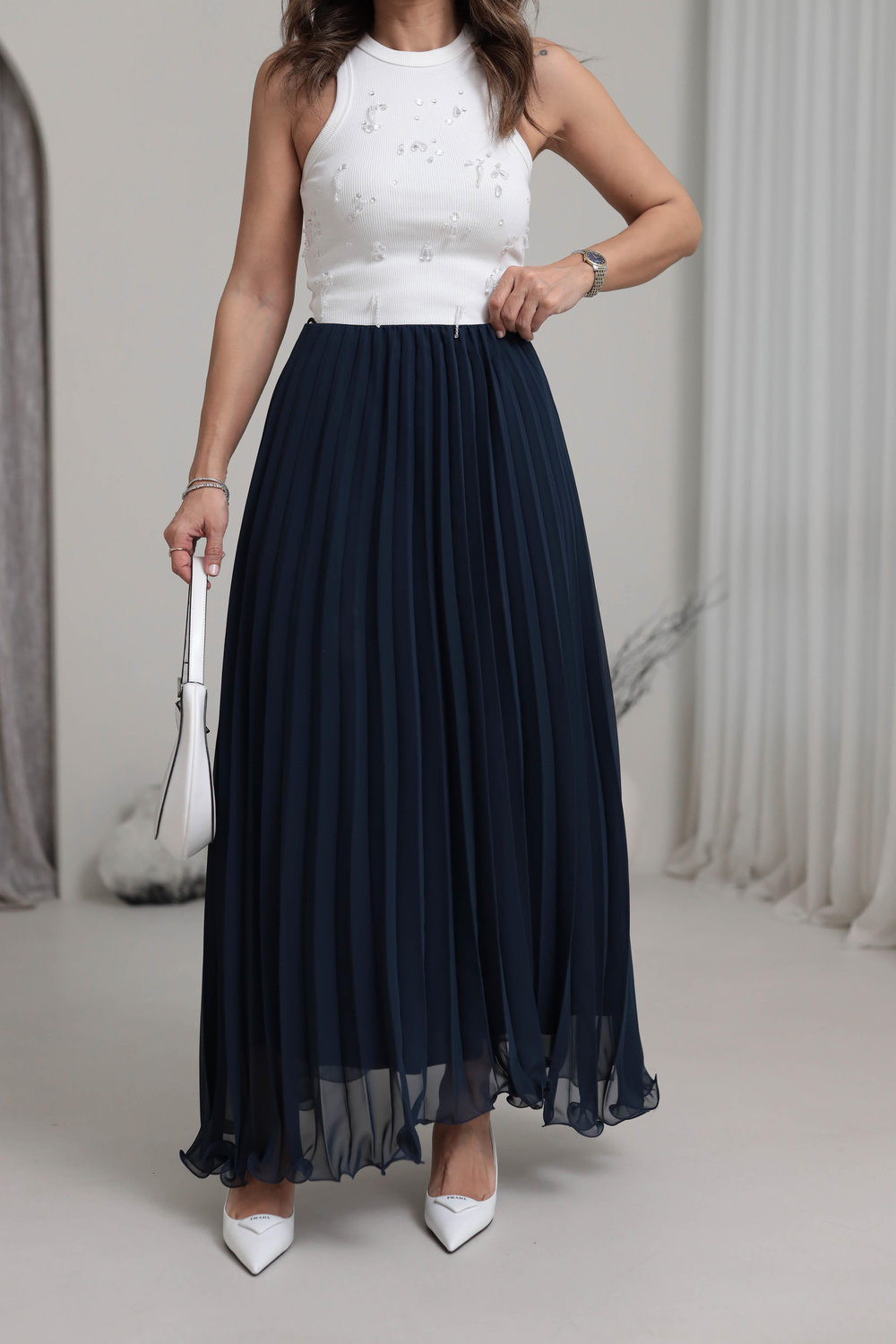 0287 Piliseli Şifon Maxi Etek LACİVERT