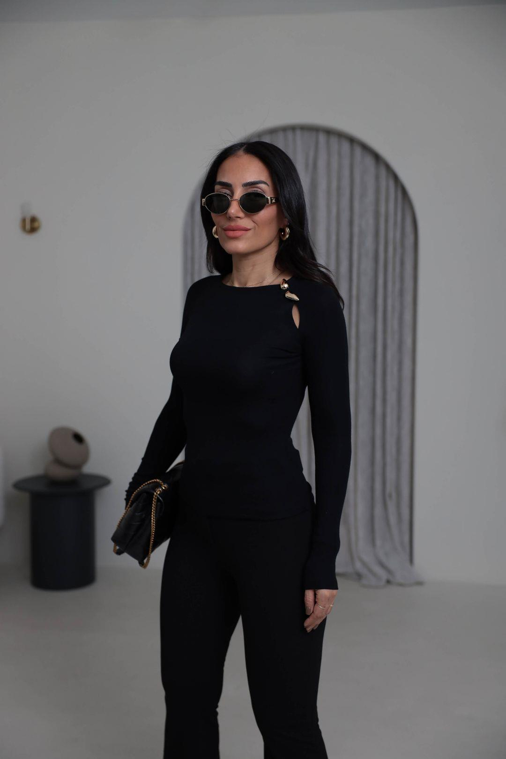 1063 Gold Aksesuarlı Modal Bluz SİYAH