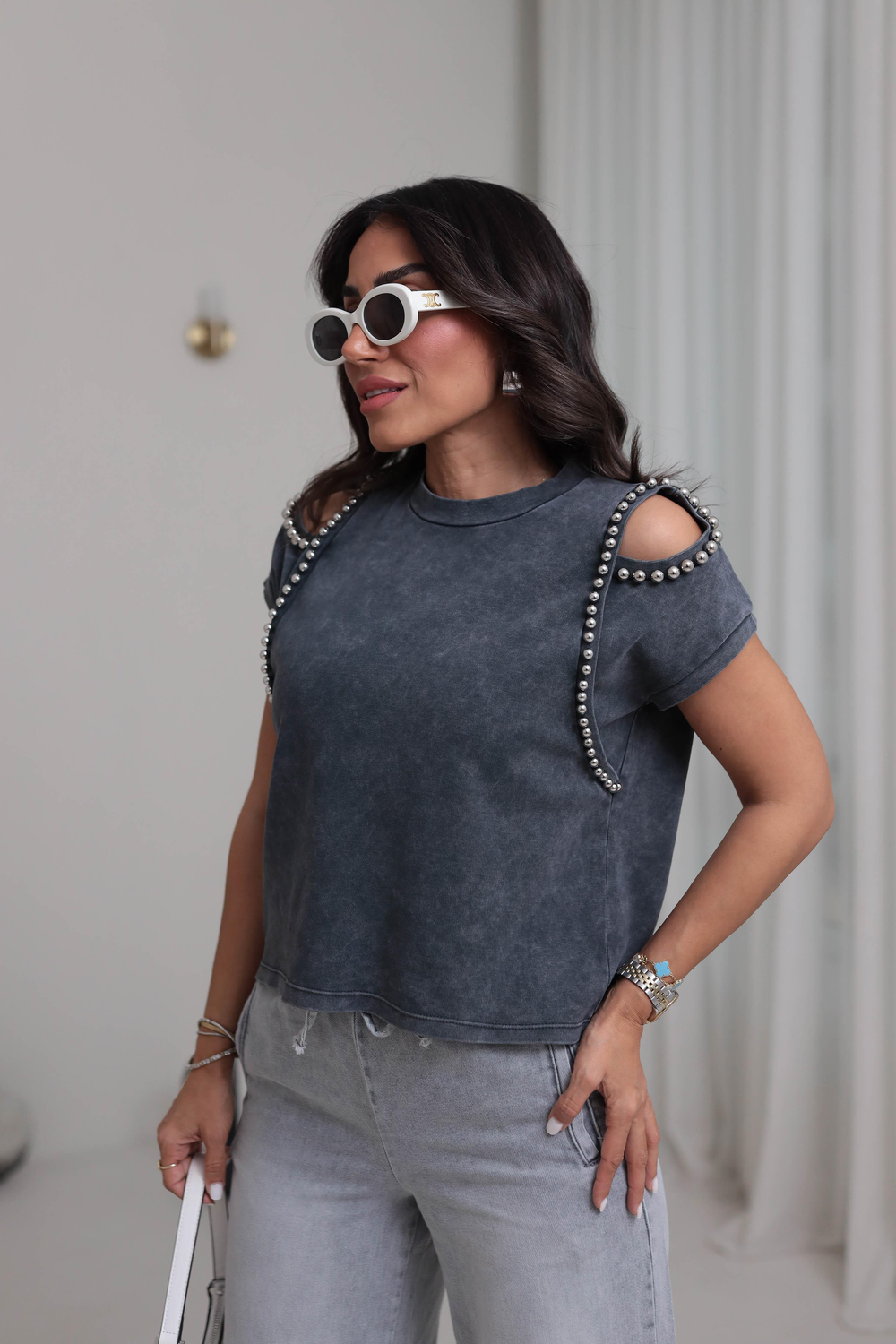 7089 Yıkamalı Boncuk Detay Pamuklu Tshirt FÜME