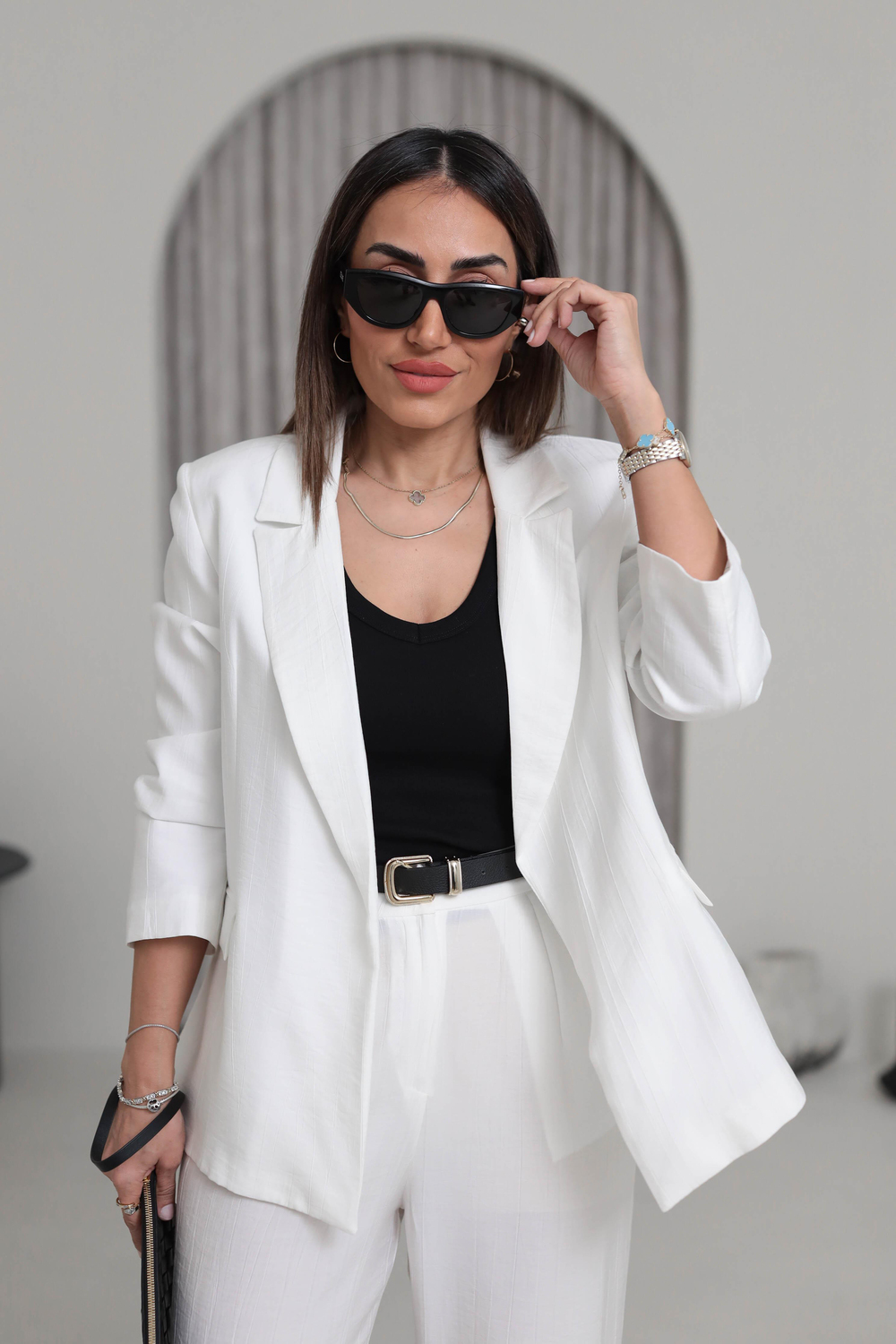 50178 Aeronbin Kol Katlamalı Çizgili Blazer Ceket EKRU