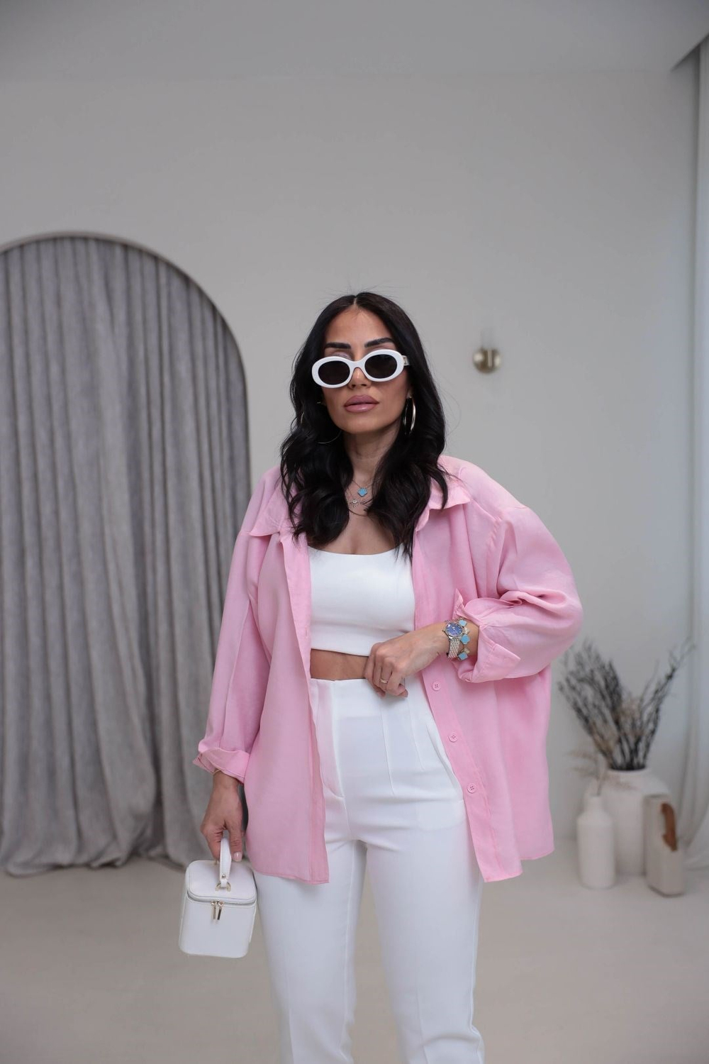 4612Y Tencel Omzu Düşük Oversize Gömlek ŞEKER PEMBE