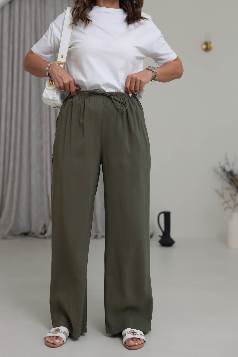 8002 Beli Lastikli Bağcıklı Tencel Pantolon HAKİ YEŞİL