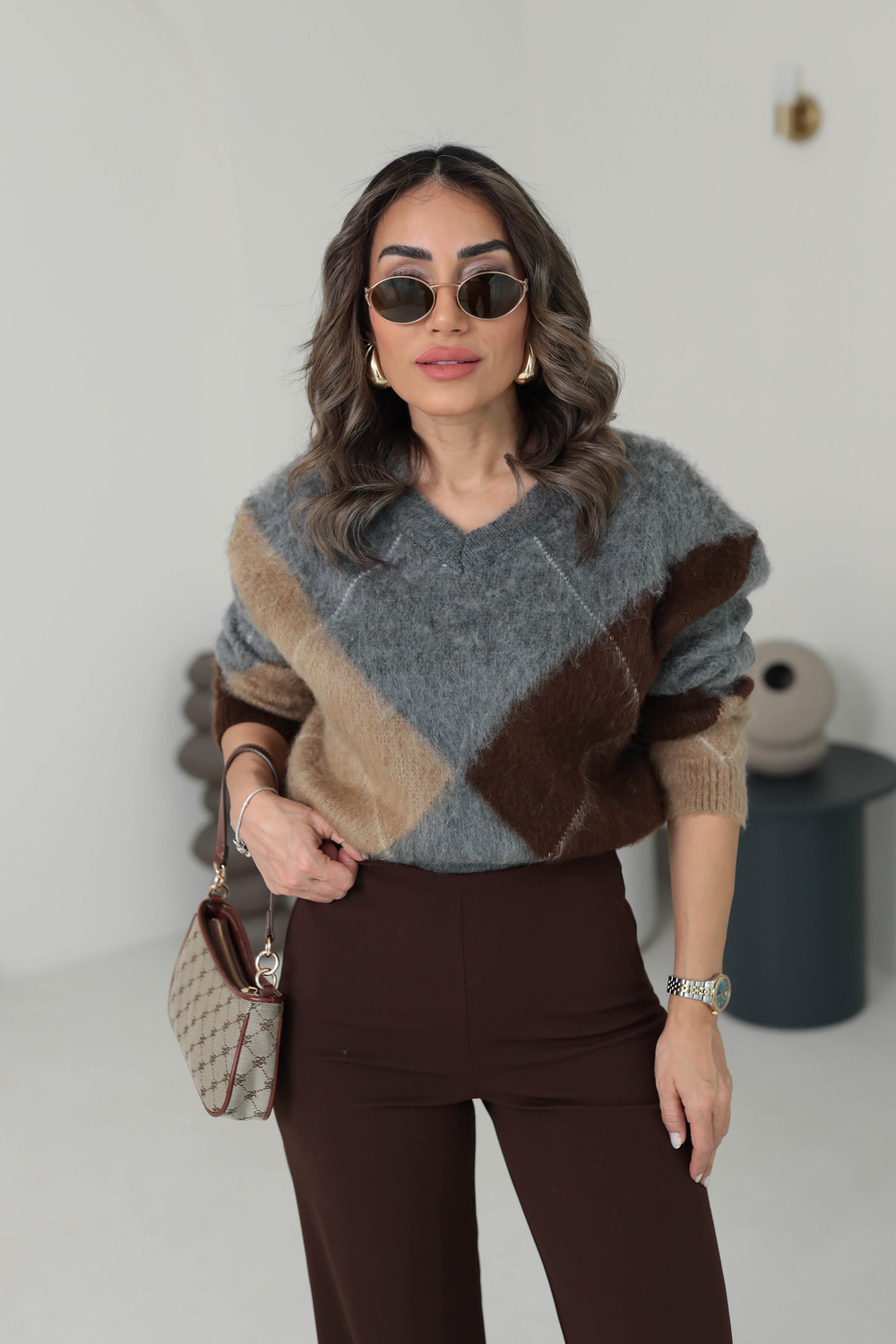 2412 V Yaka Büyük Baklava Yumoş Kazak GRİ