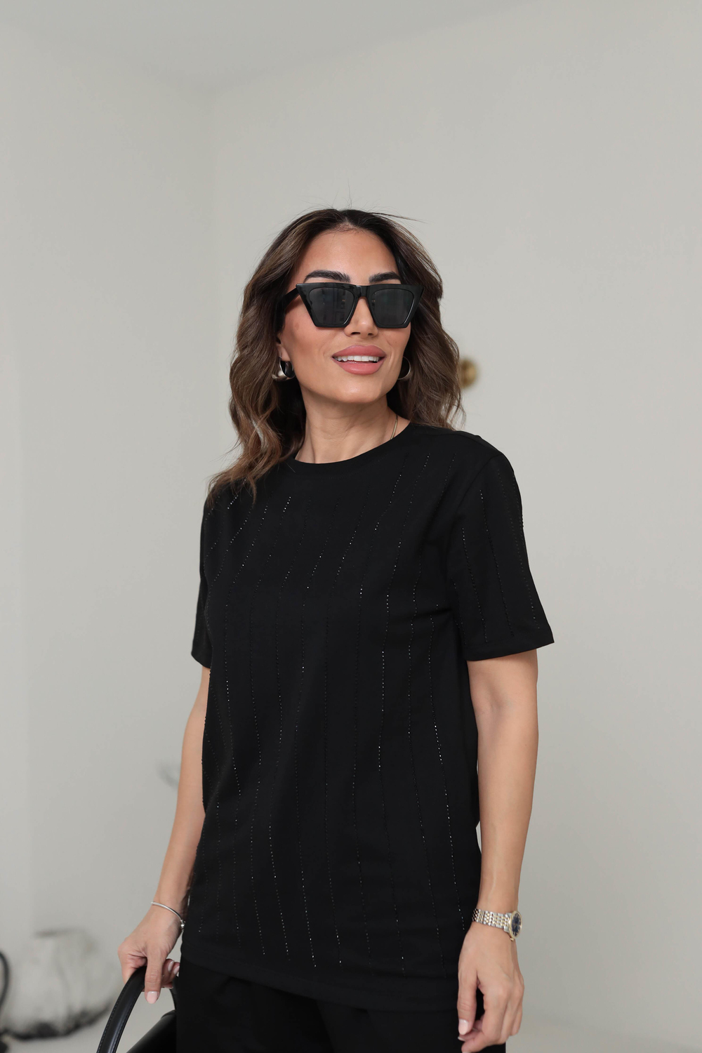 7103 Şerit Taşlı Pamuklu Tshirt SİYAH