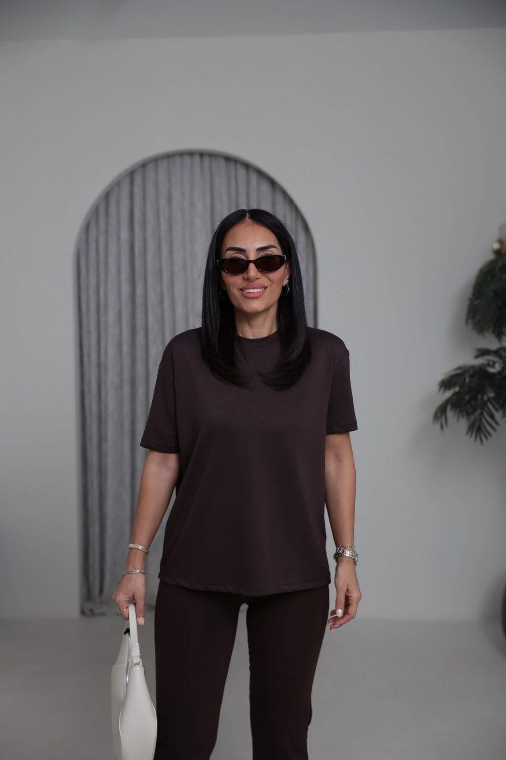 T906 Bisiklet Yaka Oversize Modal Tshirt ACI KAHVE
